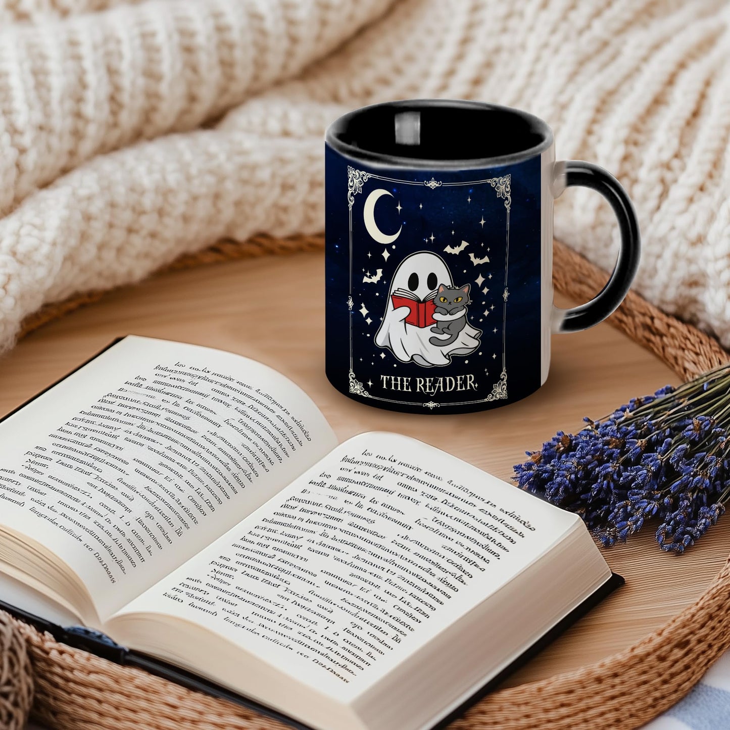 Hyturtle Cute Ghost Reading Coffee Mug with Spoon Gifts on Halloween Birthday, Funny Ghost with Cat Tarot Gifts, Book Lover Presents, Bookish Decor for Readers, Book Club Gift 11oz Ceramic Tea Cup