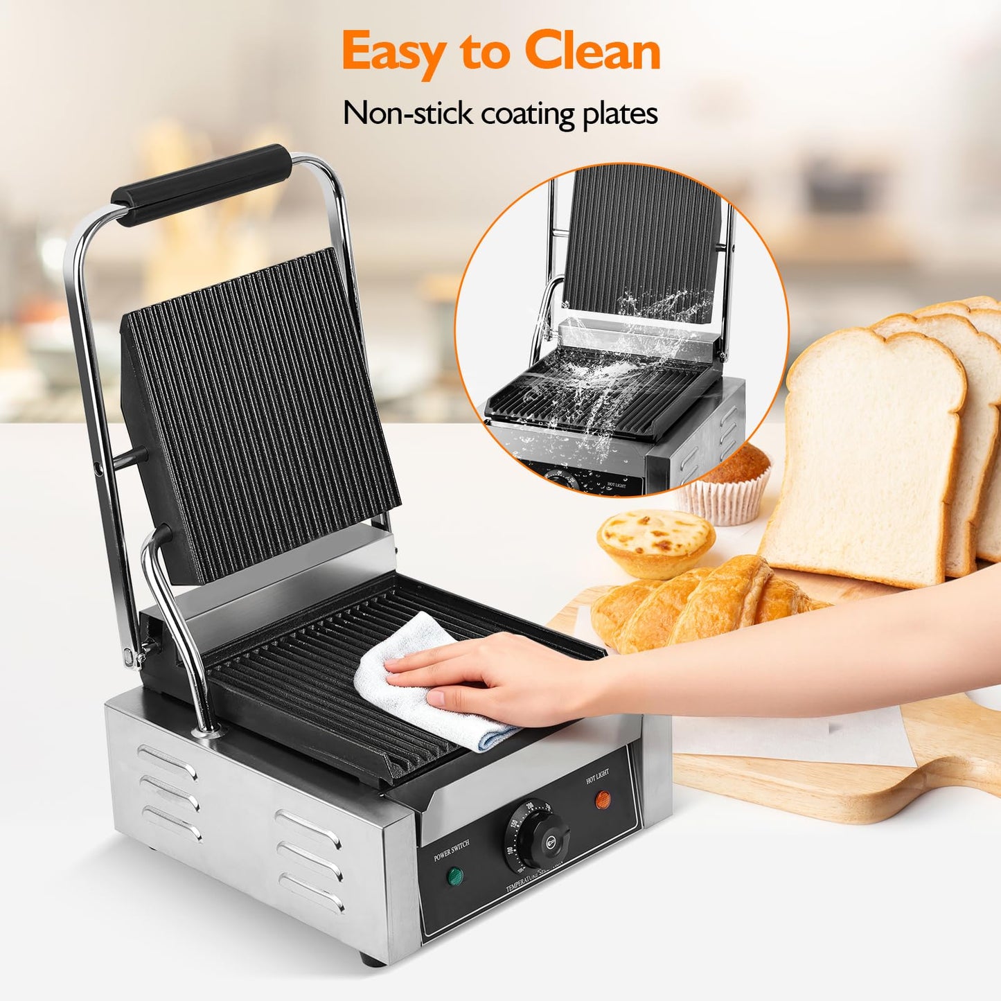 1800W Indoor Electric Grill & Double-Sided Griddle, 50-300°C Adjustable Temperature, 9.1x9.4" Non-Stick Surface for Grilling Steak, BBQ, Sandwiches & Panini, Commercial & Home Kitchen Use