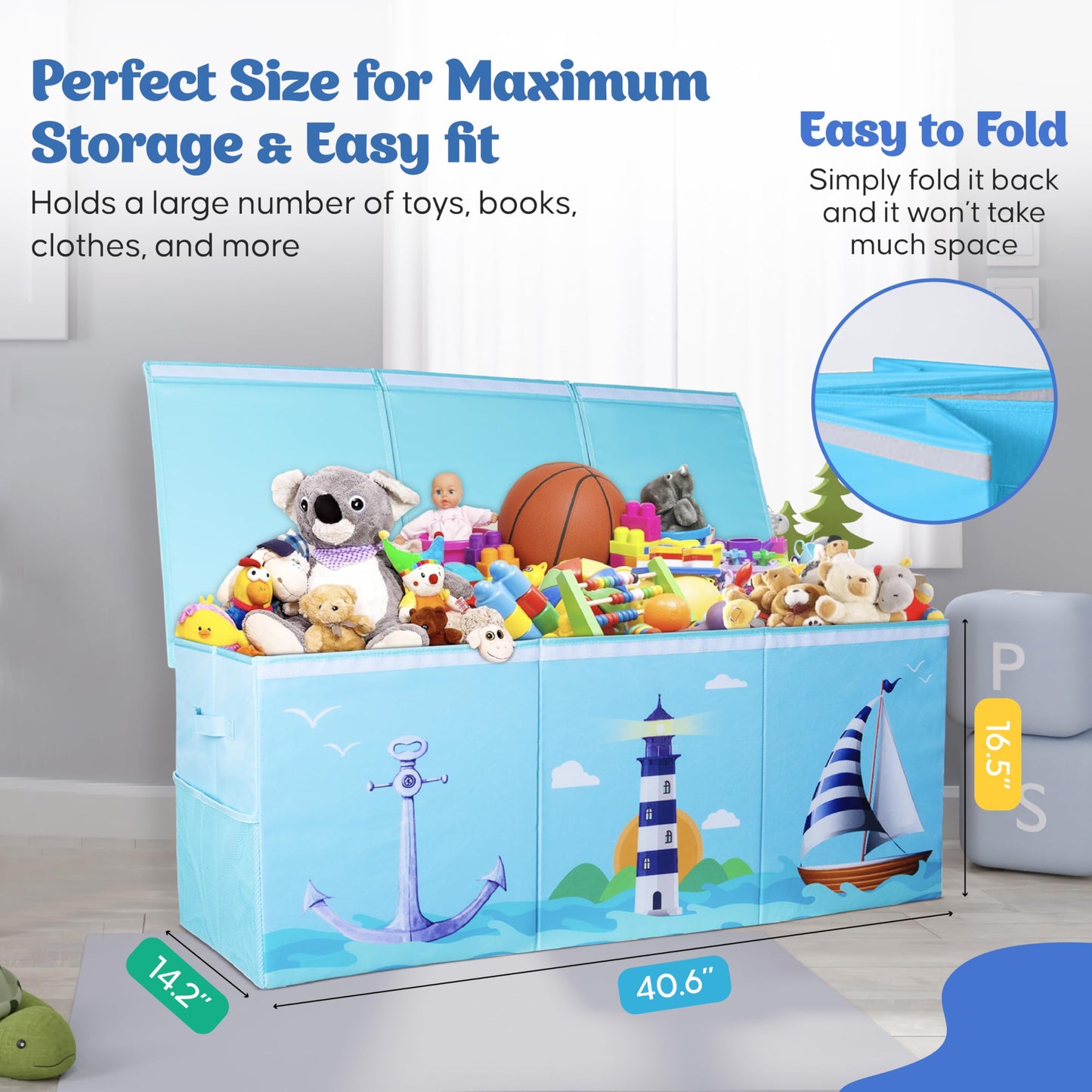 Rossoff Extra Large Collapsible Sturdy Toy Storage Organizer with Lids, Ocean Theme Toy Box for Boys & Girls, 40"x16"x16", Modern, Blue