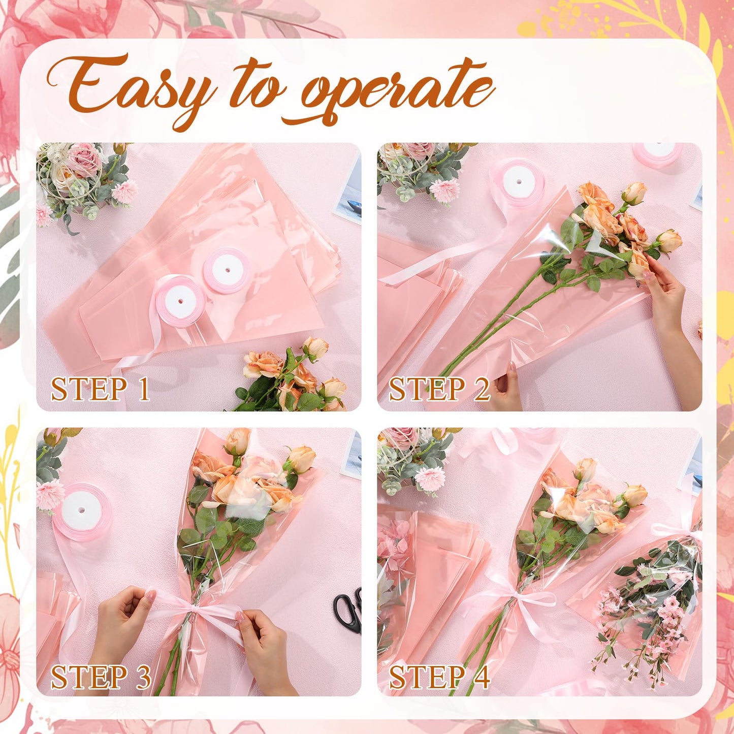 Fullhawl 100 Pcs Flower Bouquet Wrapping Bags 9.8 x 17.9 Inch and 14.2 x 22 Inch Mother's Day Kraft Paper Flower Sleeves Floral Bags with Ribbons for Bouquet Wedding Birthday Graduation (Pink)