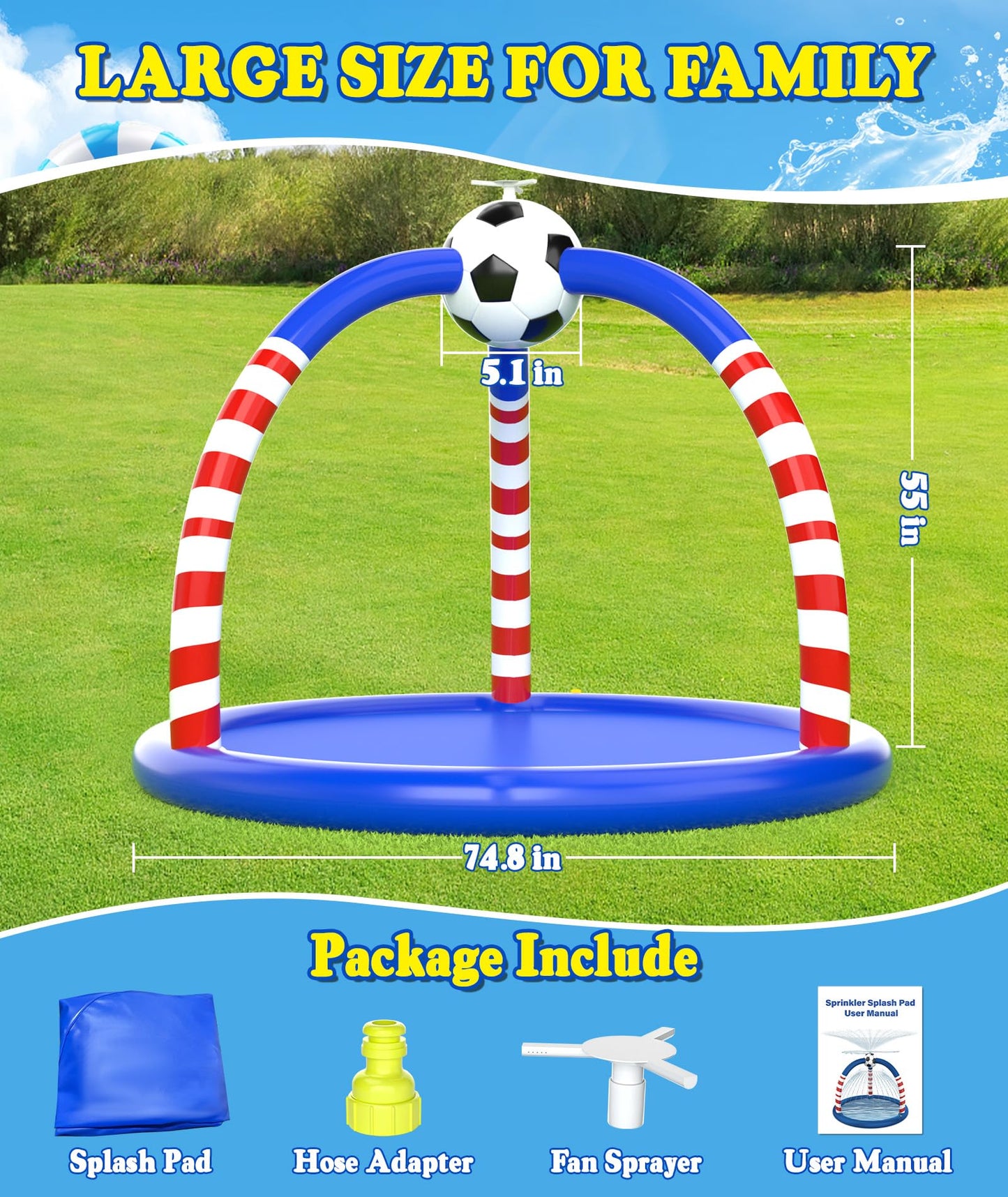 Glowpoint Splash Pad for Kids & Dogs, Large Outdoor Water Sprinkler Pad, Inflatable Water Play Mat with Soccer Sprinkler, Backyard Summer Water Toy for Toddlers Children Family Fun
