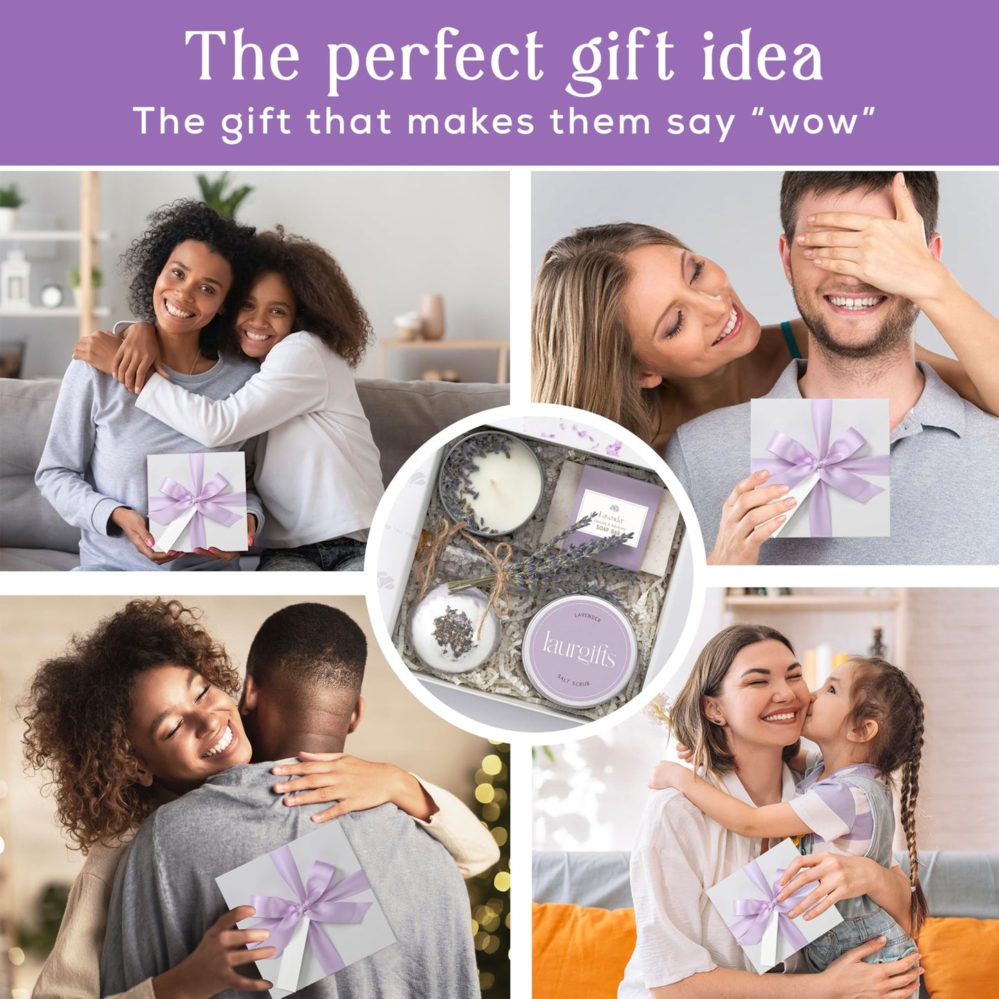 Mothers Day Gifts for Mom – Lavender Spa Gift Box, Small Candle Set with Bath Gifts, Relaxing Self Care Basket, Birthday Gift for Women