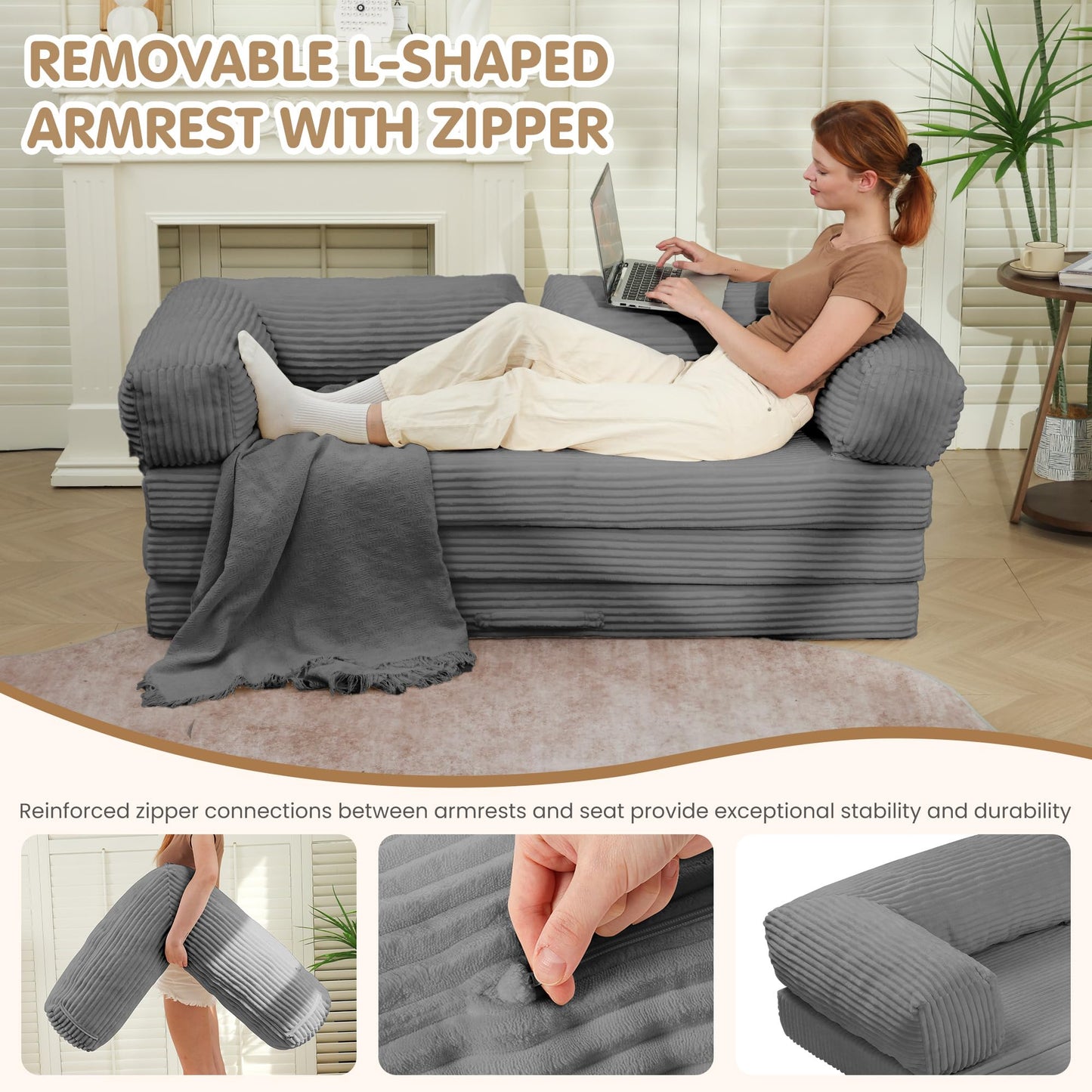 NLDD Convertible Sofa Bed,5-in-1 Tri-Fold Boneless Couch with Removable Armrests & Handle,Corduroy Futon Sleeper Sofa,Floor Folding Mattress Pull Out Bed for Small Space Apartment Living Room Bedroom