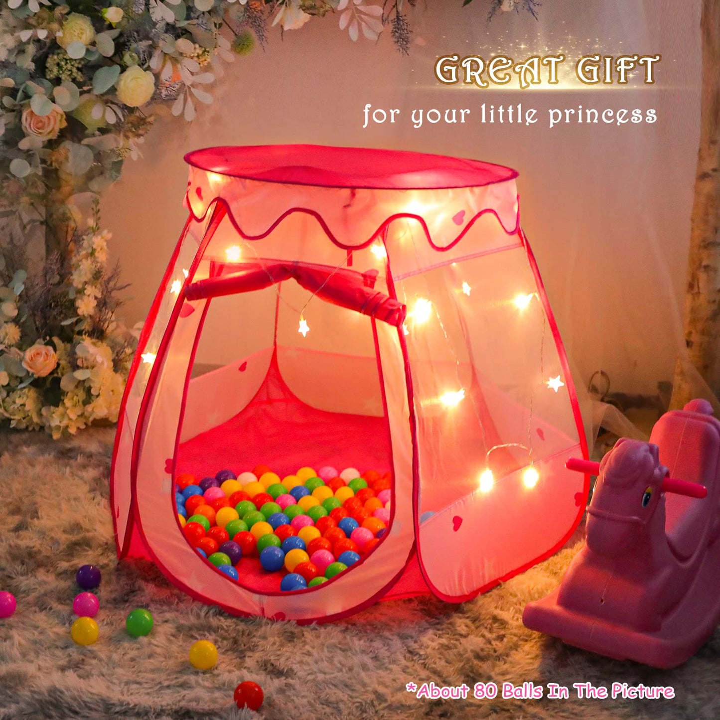 DISHIO Ball Pits with 50 Balls, Pop up Tents for Kids with Star Lights, Ball Pit for Toddlers, Princess Tent Toy for 1,2,3 yrs Birthday Gifts for Girls, Easy to Assemble and Store (50 Balls Included)