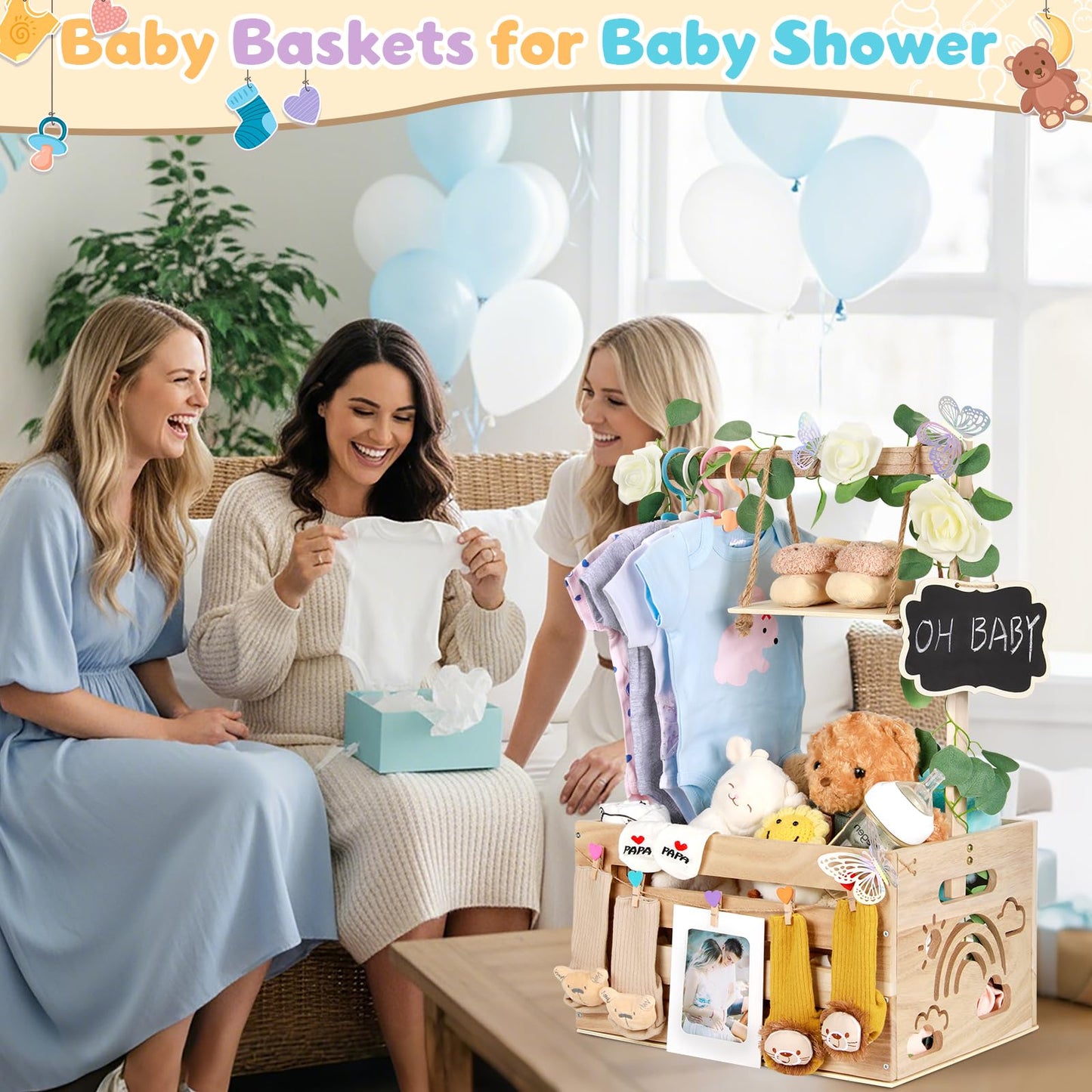 ELESTONE Wooden Baby Shower Crate Closet with Handle, Hangers & Garland, Large Capacity Baby Basket for Baby Shower, Customizable Wooden Crate Box Newborn Parents Welcome Gift (Natural Wood)