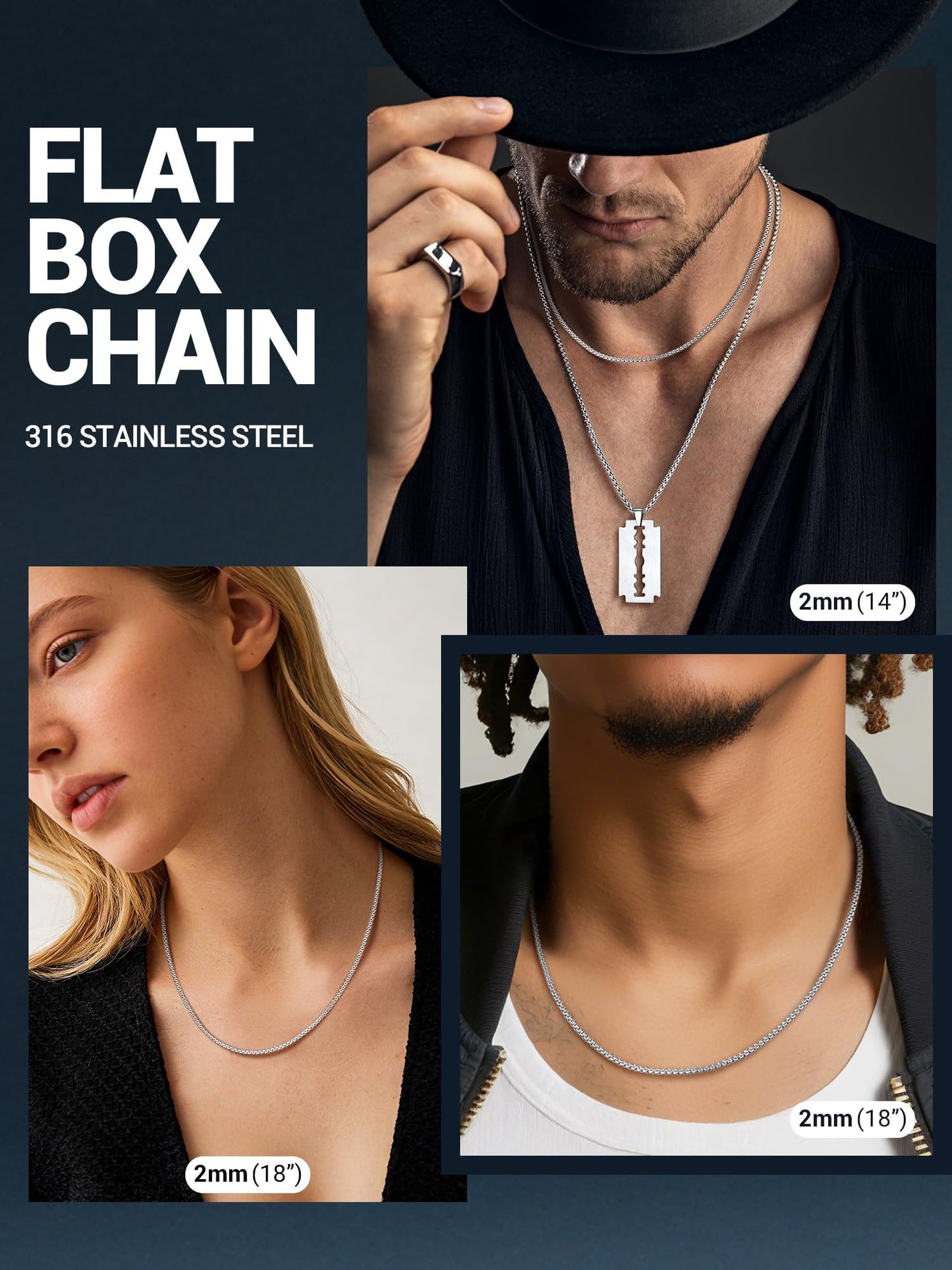PROSTEEL Mens Chain Stainless Steel Silver Necklace 2mm Waterproof Chain for Men 18inch