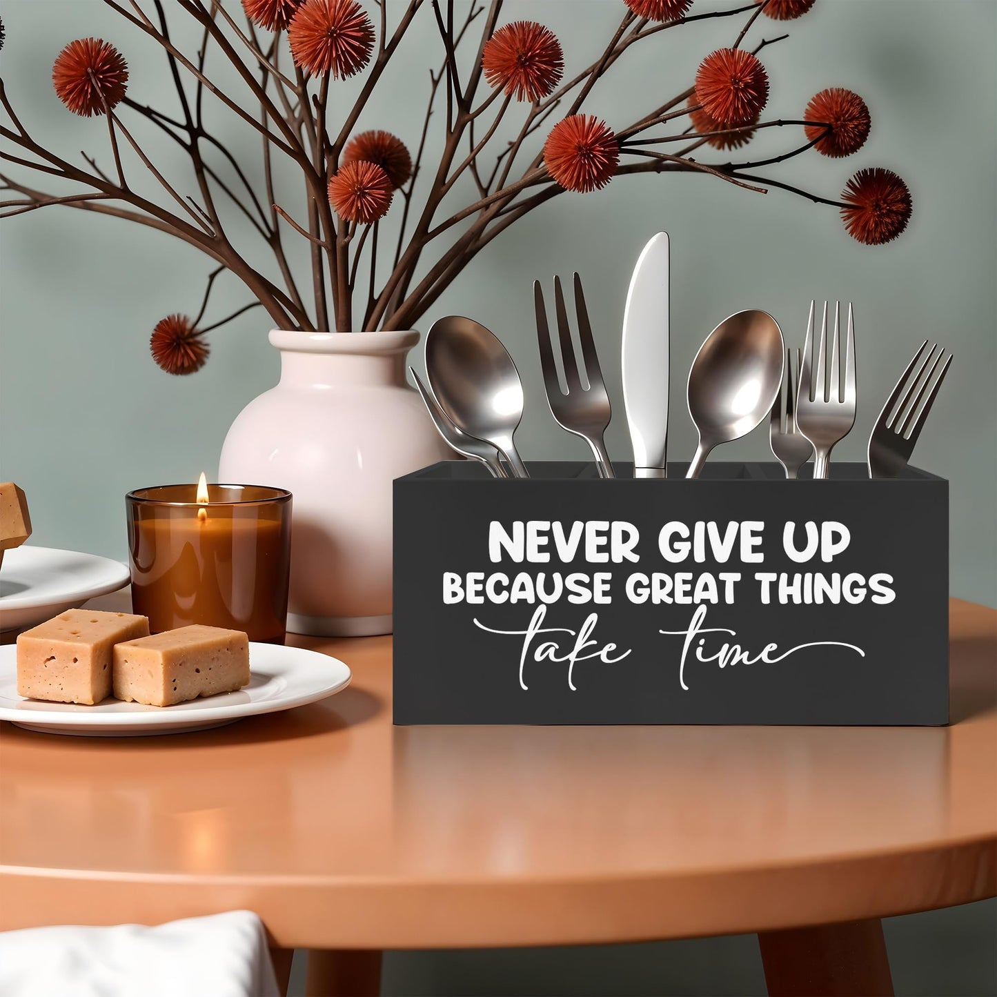 FITIE Inspirational Quotes Pencil Pen Holder for Desk, Never Give Up Because Great Things Take Time Wooden Pencil Holder Organizer for Home Office Desk Accessories, Gifts for Coworker
