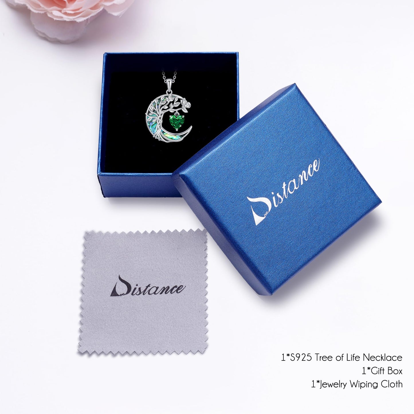 Distance Tree of Life Birthstone Necklace for Women, S925 Sterling Silver Premium Abalone Shell Moon Pendant May Heart Birthstone Necklace, Emerald Jewelry Christmas Birthday Gifts for Her Mom Wife