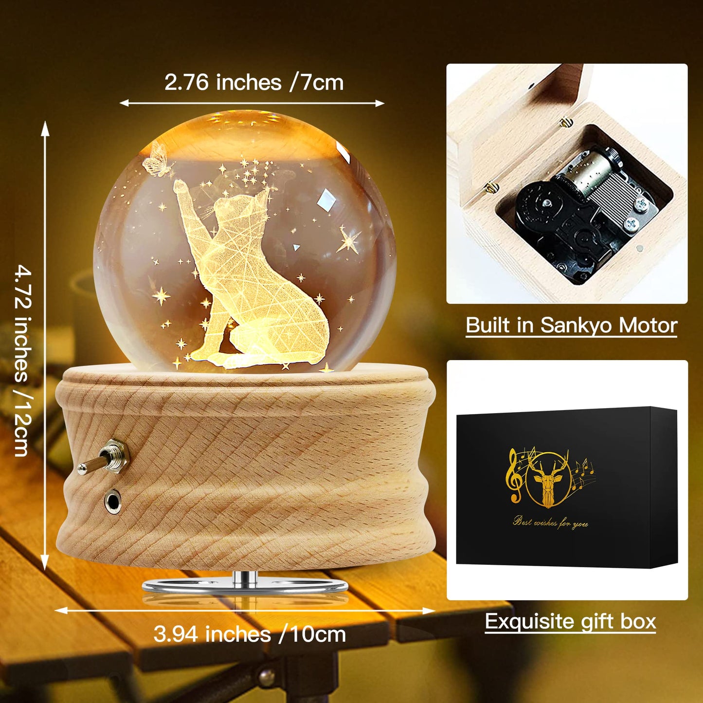 Hwawhin 3D Crystal Ball Music Box with Projection LED Light and Rotating Wooden Base for Christmas, Birthday, Valentine's Day - Music Boxes for Women, Mums and Girls