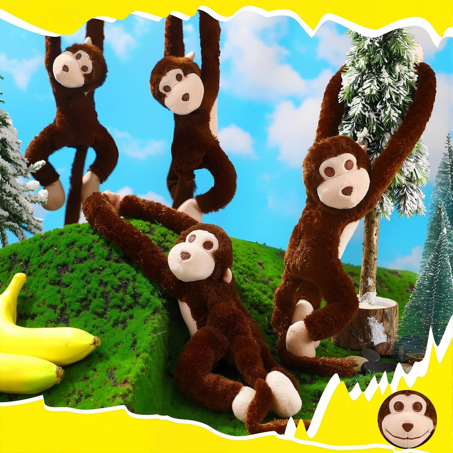 Hungdao 6 Packs Hanging Monkey Stuffed Jungle Animal Toy Gifts with Hook and Loop Jungle Party Hanging Plush Monkey for Classroom Birthday Party Decorations(Dark Brown,24 Inch)