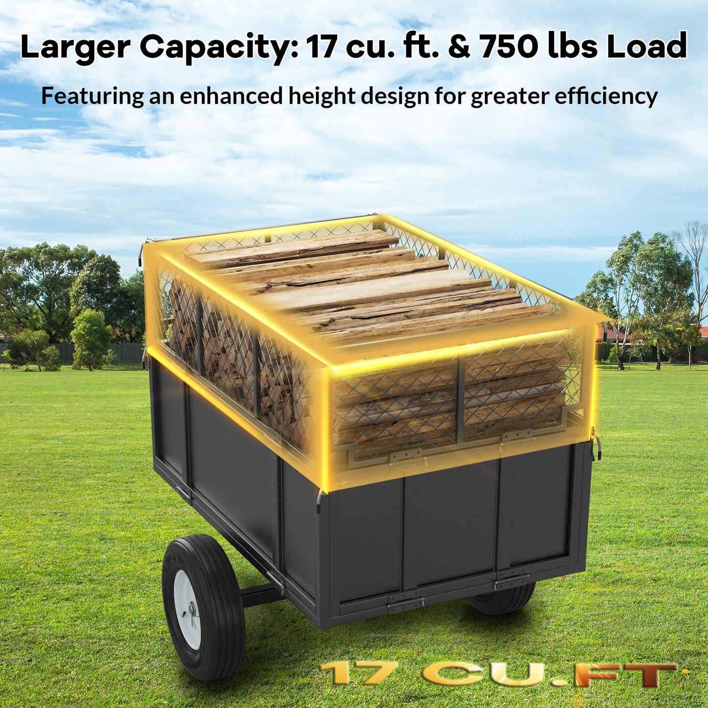 Heavy Duty 750 LBS Utility Trailer – 17 Cu Ft ATV Dump Trailer with Removable Sides, Pneumatic Tires & Quick-Dump Pull-Behind Yard Cart for Tractors, UTV, Lawn Mowers