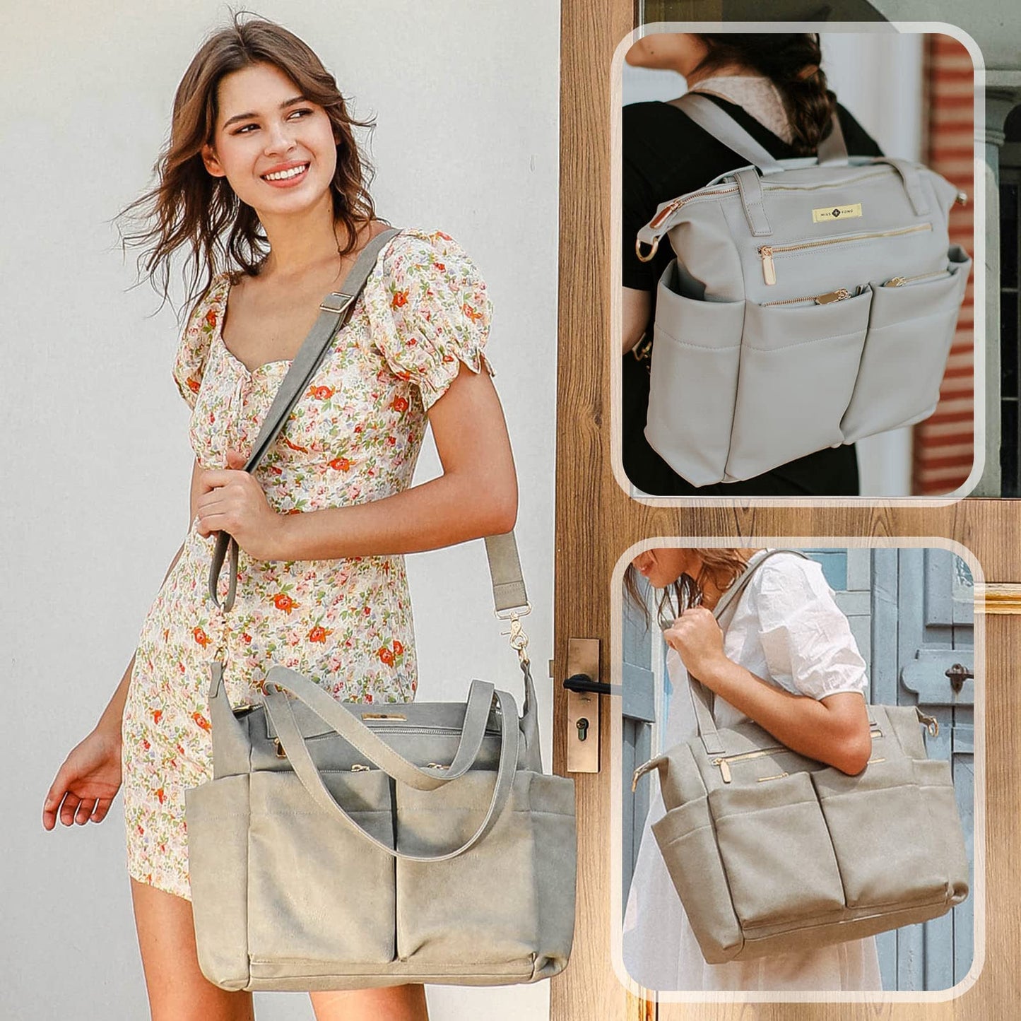 miss fong Diaper Bag Tote Baby Bag Leather Diaper Backpack Large Diaper Tote Bag for girls & boys Diaper Bag Purse with 11 Pockets,Changing Pad, Stroller Straps,4 Insulated Pockets