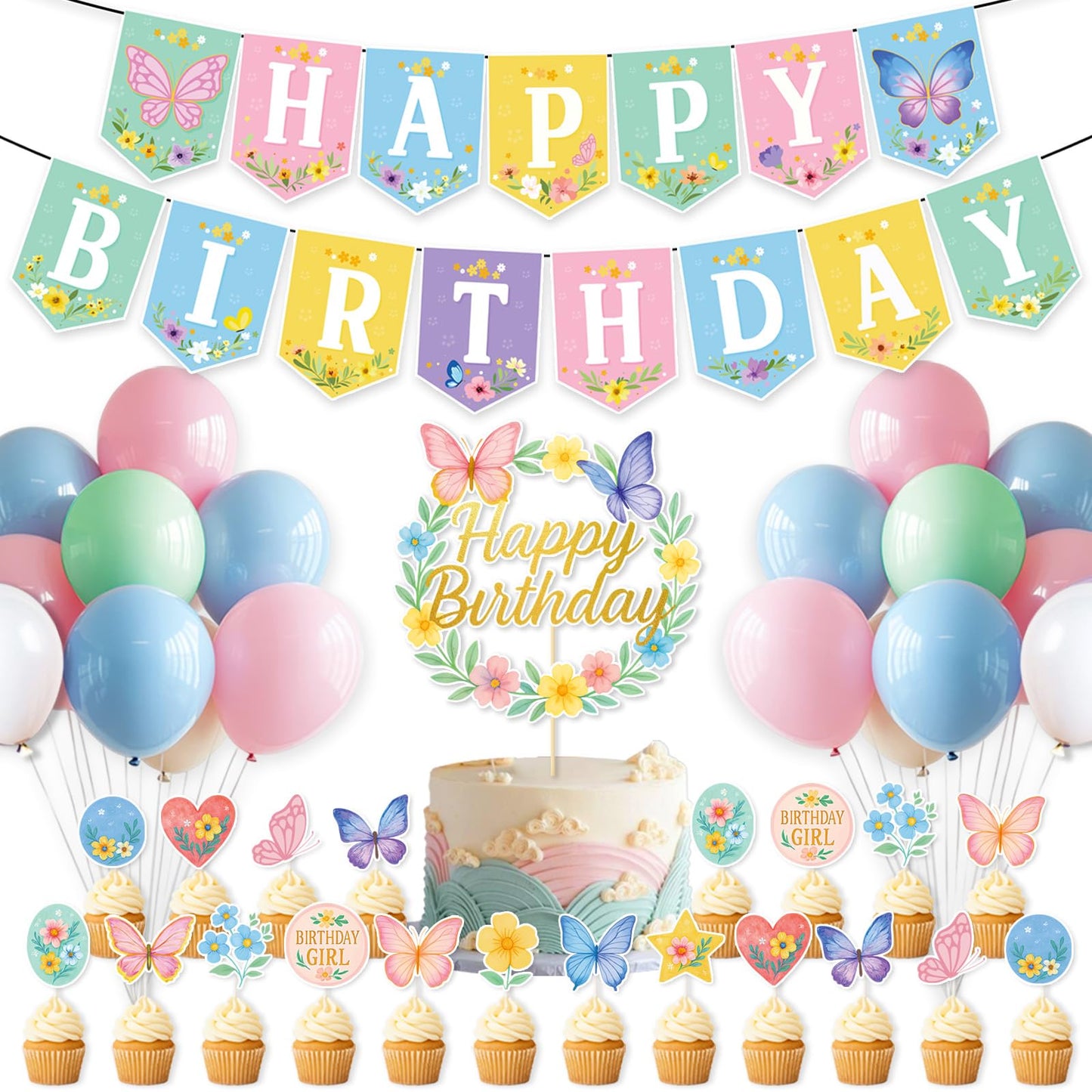 Butterfly Birthday Party Decorations for Girls Women, Spring Birthday Party Decorations - Pastel Spring Happy Birthday Banner, 24 Balloons, Butterfly Cake Topper & 24 Cupcake Toppers