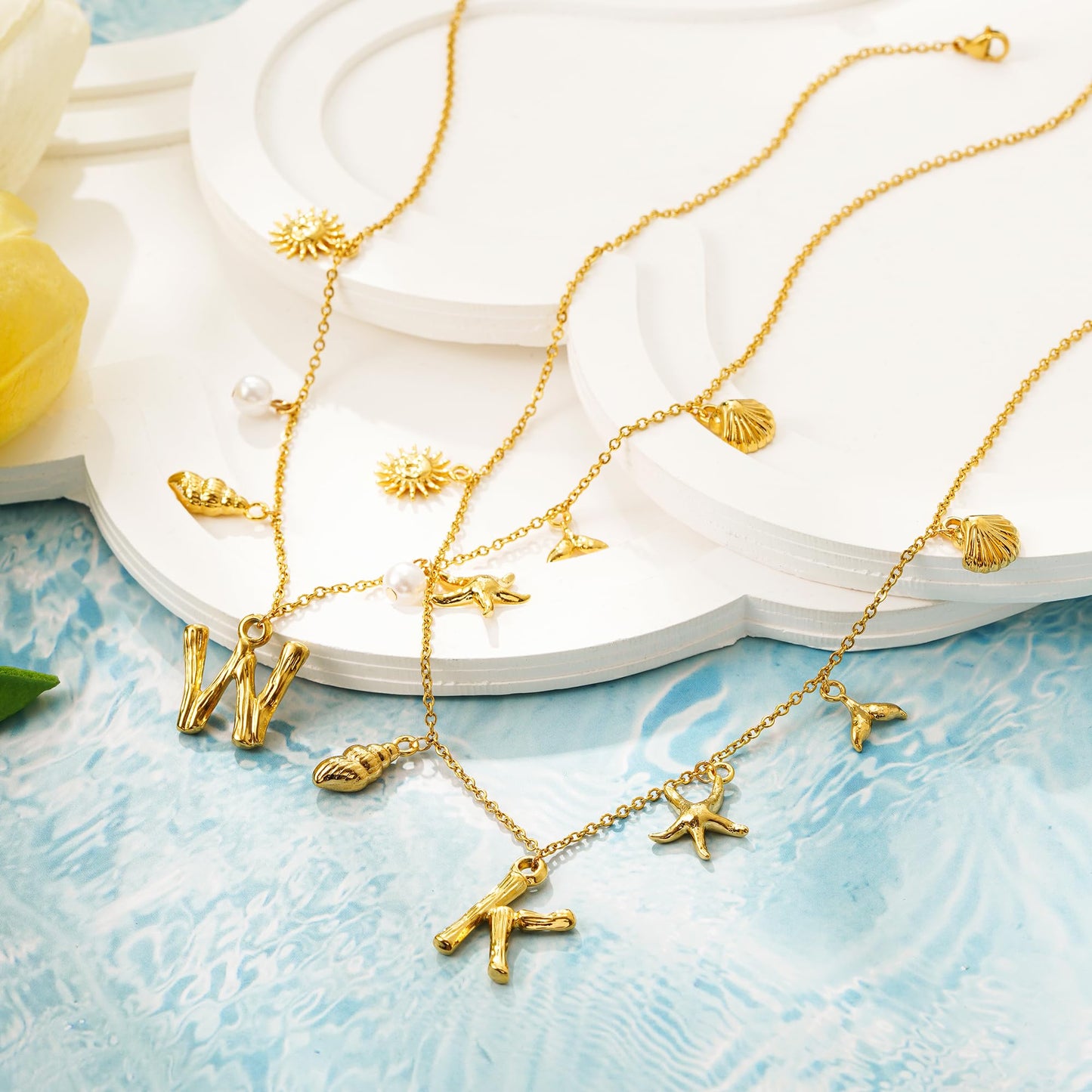 SLOONG Initial Charm Necklace 14K Gold Plated Letter Neckalce Freshwater Pearl Necklace Choker Boho Summer Seashell Beach Starfish Surfer Jewelry Gifts for Women S