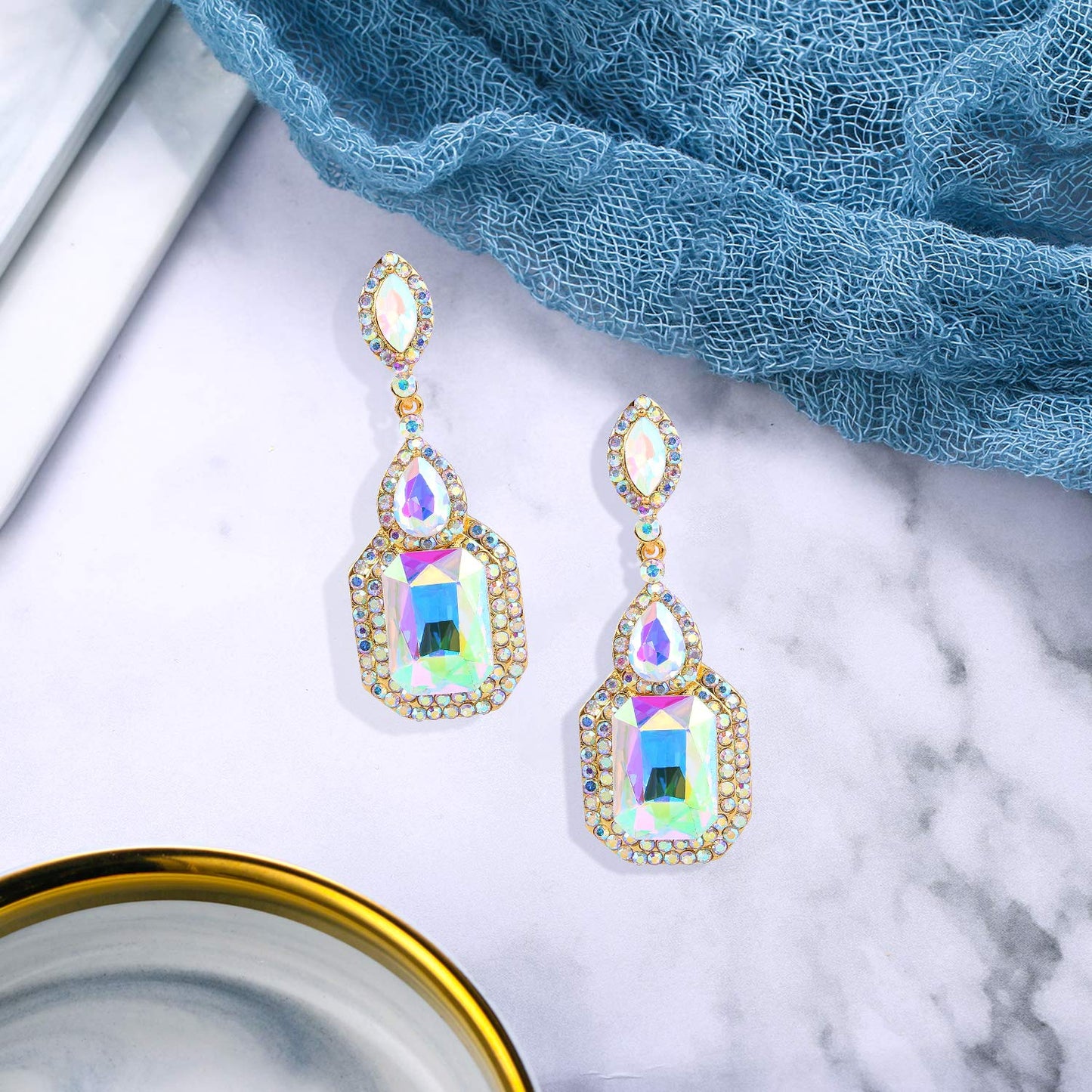 BriLove Women's Wedding Bridal Dangle Earrings Emerald Cut Crystal Infinity Figure 8 Chandelier Jewelry Iridescent AB Gold-Toned
