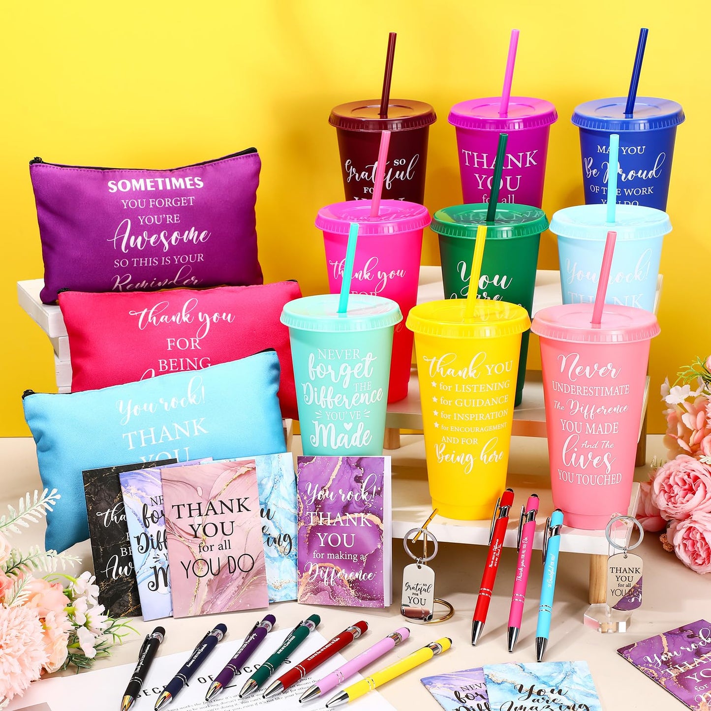 Funnymoom 50 Pcs Employee Appreciation Gift for Women 24 oz Thank You Plastic Tumbler with Inspirational Notepads Ballpoint Pens Makeup Bag Keychain Professional Gifts for Coworker Holiday