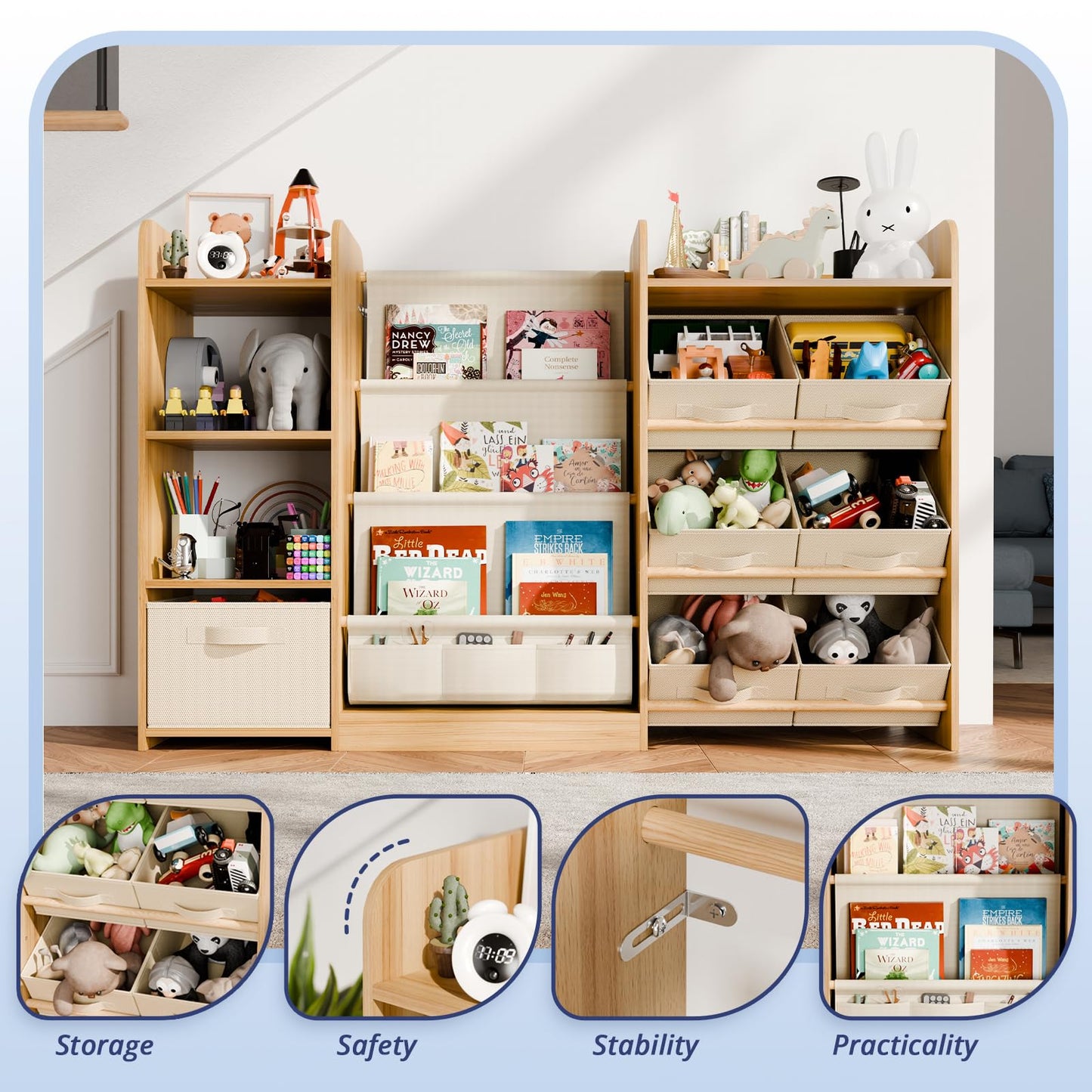 IKALIFE Kids Toy Book Storage Organizer - Large Bookshelf with 7 Removable Bins, Baby Bookshelf and Toy Storage, 4-Tier Book Shelf for Kids Room, Playroom, Classroom, 51 inch, Burlywood