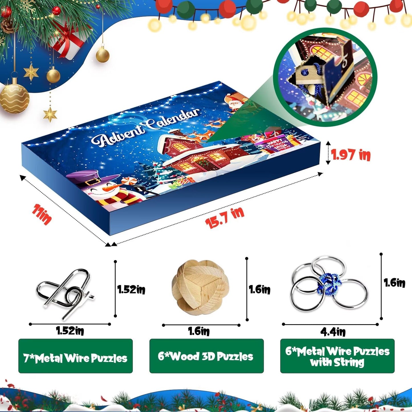 Advent Calendar 2026 - Brain Teaser Puzzles for Teens Adults Older Kids, 24 Pcs Metal & Wood Puzzle Christmas Countdown Calendar, Family Brain Challenge Games Toys, Xmas Gifts for Boys Girls Teens