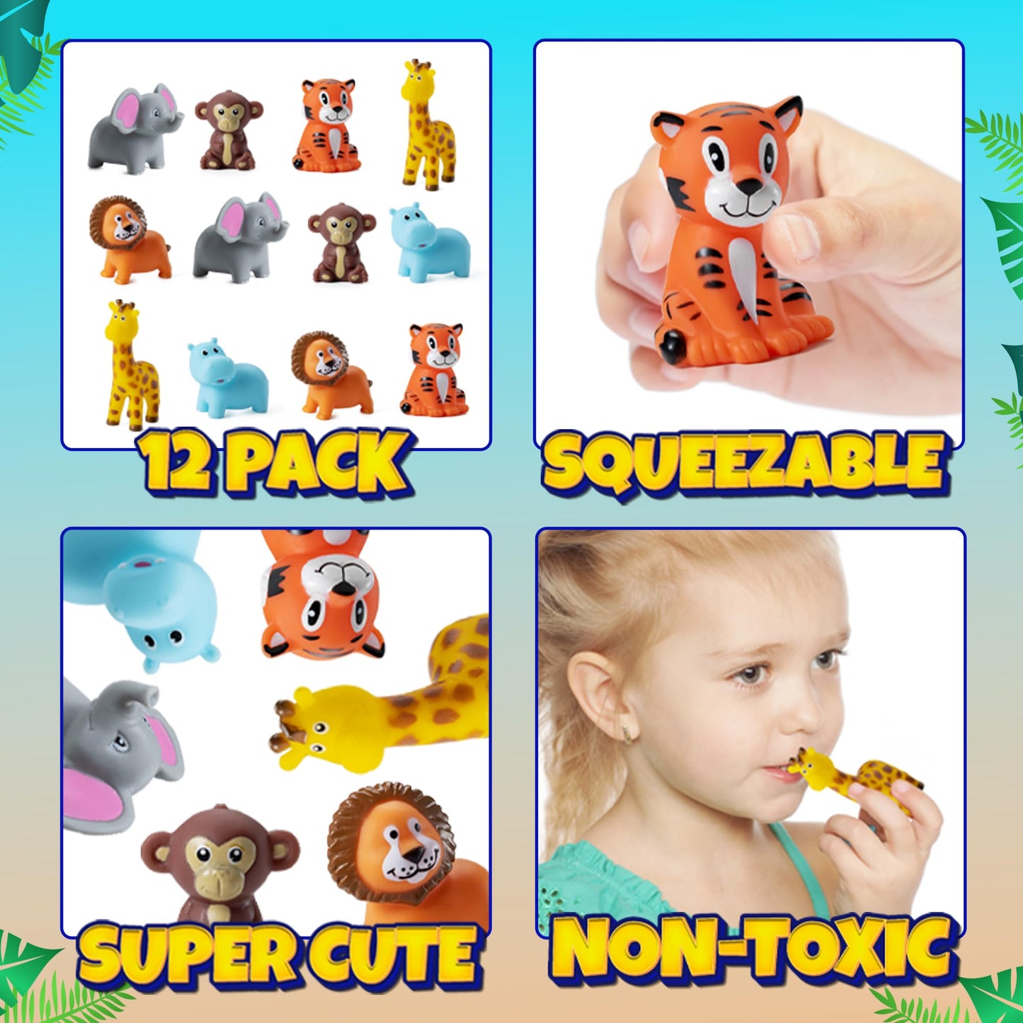 Mini Zoo Animals Bath Toys - (Pack of 12) Vinyl Rubber Jungle Safari Animal Figures, Squeezable Bath Tub Toys for Kids, Baby Shower, Birthday Party Supplies, Favors, Cake Decor, Table Decorations