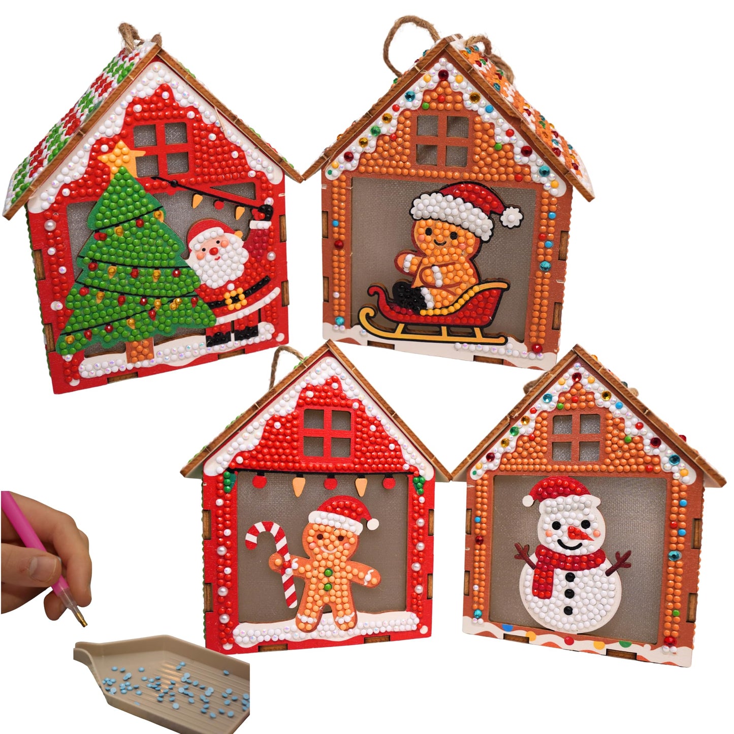 Party Ready LED Light-Up Diamond Painting Christmas Houses – DIY Rhinestone Mosaic Wooden Ornament Set, Holiday Tabletop Decor, Kids Craft Kit (Four Ornament Set)