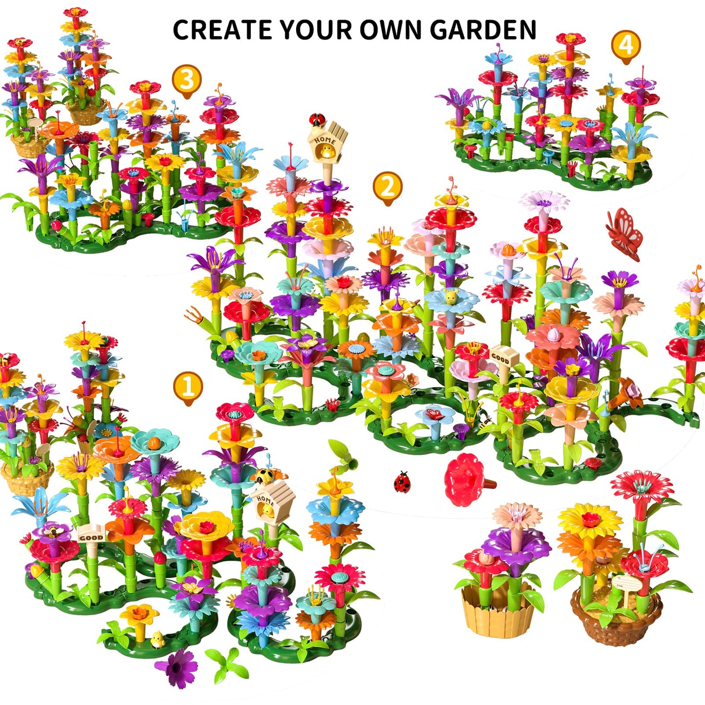TEMI 224 PCS Flower Garden Building Toys for Girls Toys, Educational STEM Toy and Preschool Garden Play Set for Toddlers 3 4 5 6 7 8 Year Old Kids Boys Girls, Flower Stacking Toys for Kids Age 3-8