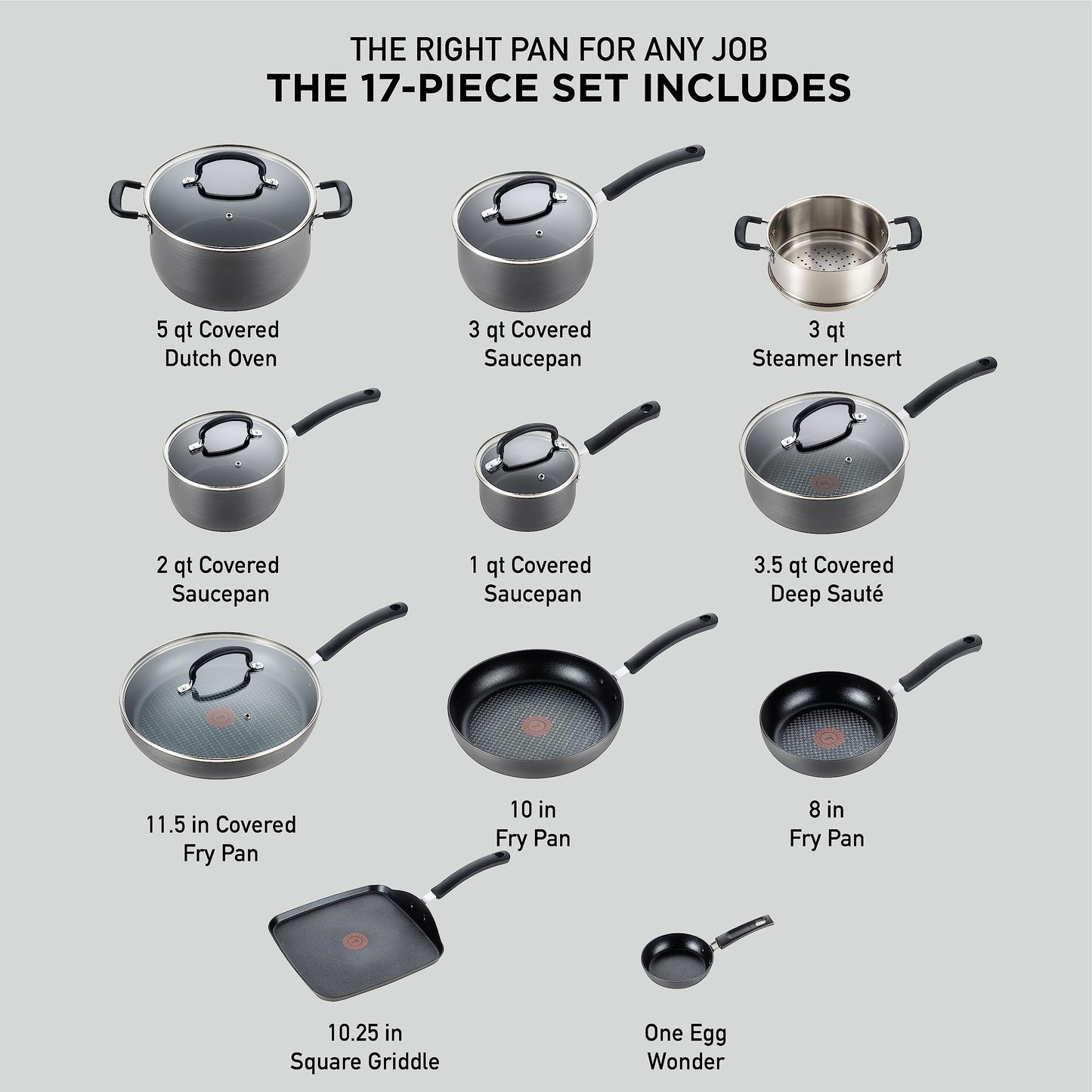 T-Fal Ultimate Hard Anodized Nonstick Pots and Pans Set 17 Piece, Nonstick Cookware Set with Fry Pan, Saucepans, Saute-Pan, Griddle, Dishwasher Safe, Black