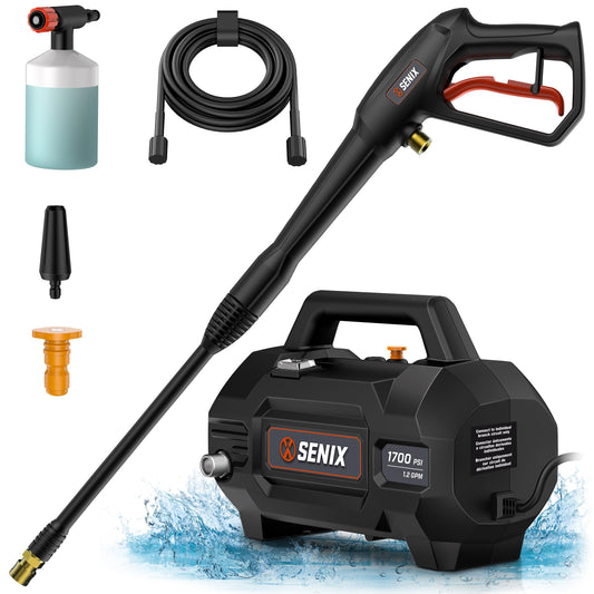 SENIX 13 Amp Electric Pressure Washer - 2100 PSI MAX, 1.2 GPM, Compact with Foam Cannon, Spray Gun, 20-ft Hose, Turbo Nozzle, and 15° Spray Nozzles - Perfect for Cars and Driveways