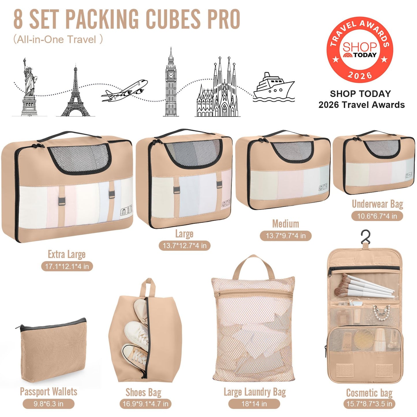 Veken 8 Set Packing Cubes for Travel Essentials, Suitcase Organizer Bags in 4 Sizes, Carry-On Luggage Accessories with Large Laundry & Hanging Toiletry Bag, Must-Have for Airplane, Road Trip & Camping