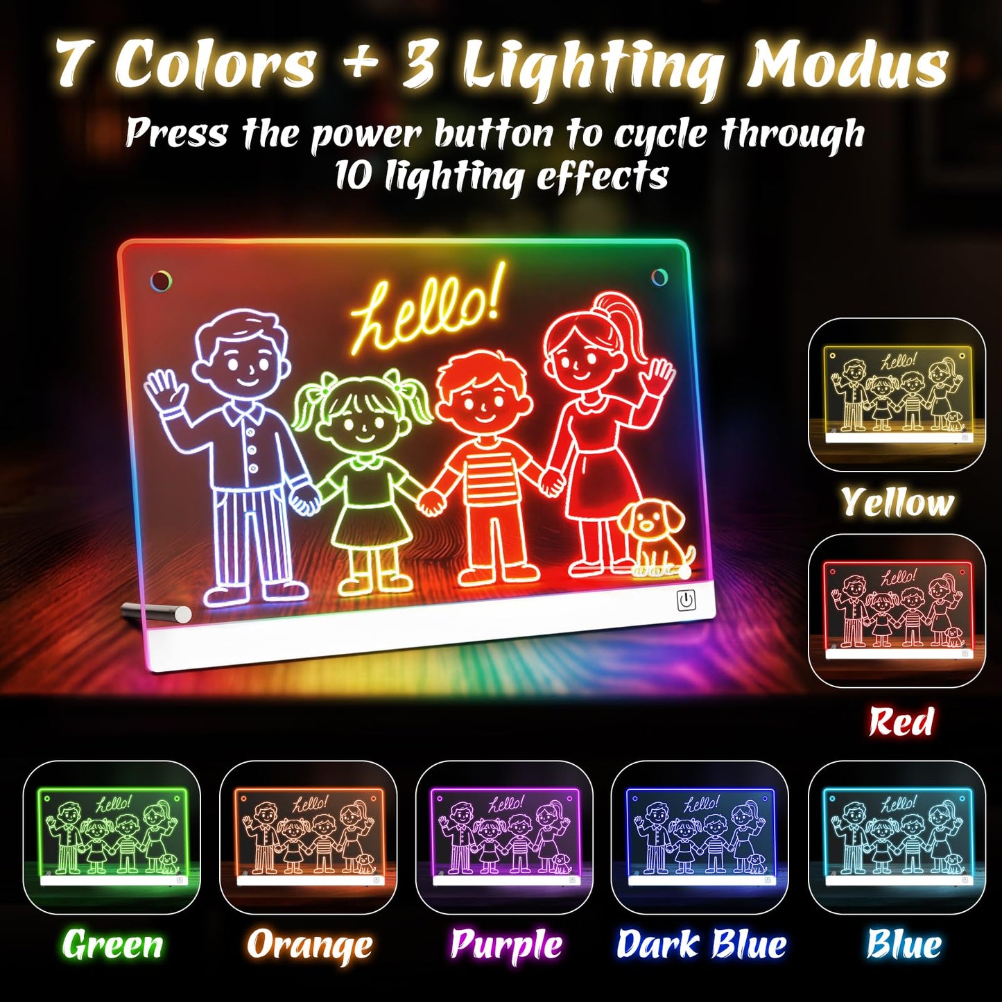 14'' LED Drawing Board for Kids with 7 Colors & 3 Modes, Neon Art Light Up drawing board with Battery Case, Doodle Magic lumiboard Writing Tablet, Birthday Christmas New Year Gifts Toys for Girls Boys