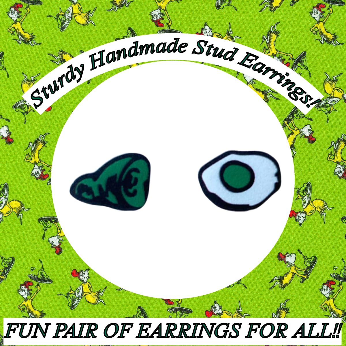 Cute Affordable Stud Earrings for Teachers! Green Eggs and Ham Themed Earrings for Teachers, Educators, Women and More. Super Cute Pair of Green Eggs and Ham Book Themed Earrings for Women. Seuss Style Earrings for Teachers. Great Pair of Fun Frizzle Earr