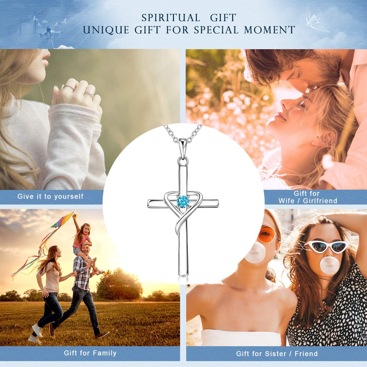 AmorAime 925 Sterling Silver Cross Necklace for Women Men 14K Gold Plated 5A CZ Birthstone Necklaces for Holiday (L.Blue-December-Blue Topaz)