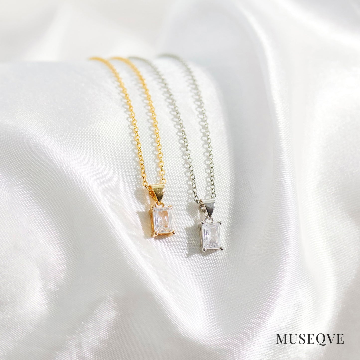 MUSEQVE 14K Gold Plated CZ Crystal Solitaire Necklace for Women • Emerald Cut Rectangle Cubic Zirconia Diamond Pendant Jewelry • Tarnish Free Adjustable Chain [CZN-RT-G]
