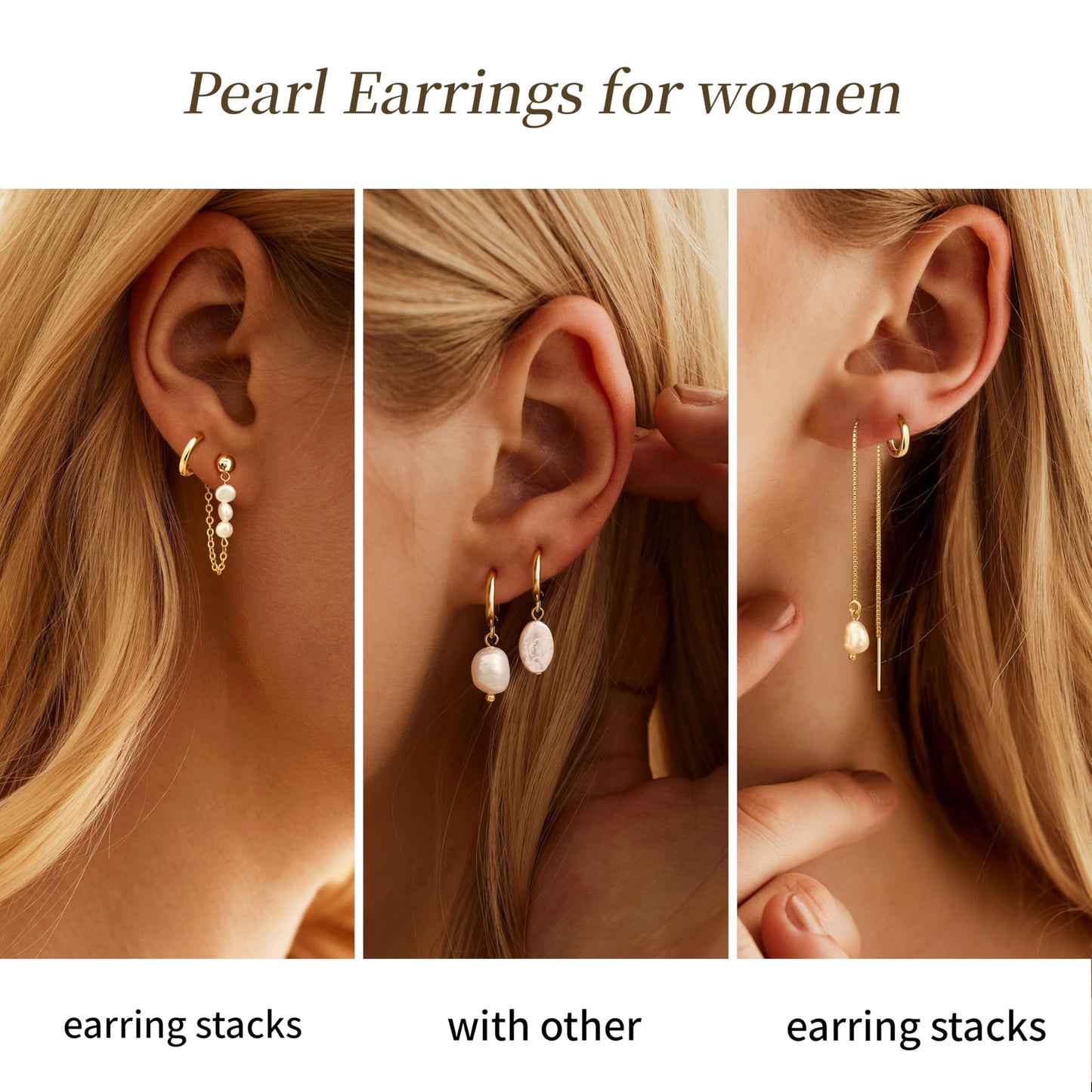 Gold Pearl Hoop Earrings for Women Non Tarnish – 14K Gold Plated Hypoallergenic Huggie Dangle Drop Earrings Set for Multiple Piercings & Cartilage, Trendy Jewelry Gift