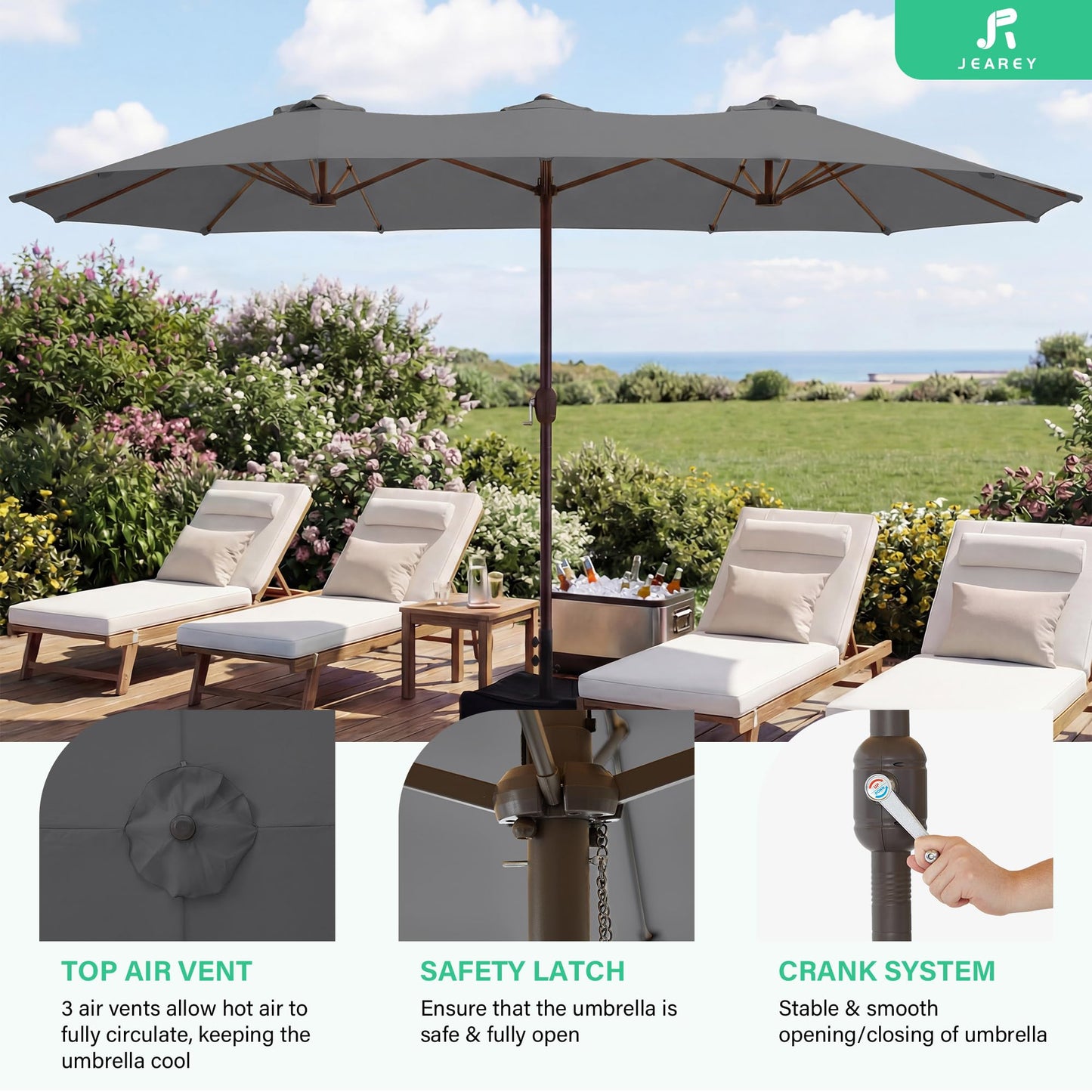 JEAREY 15ft Large Patio Umbrella with Base, Outdoor Rectangle Umbrella Double-Sided Market Umbrella with Stand for Pool, Deck, Backyard and Garden, Gray