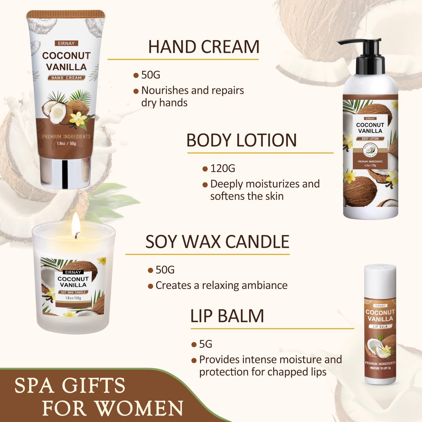 EIRNAY Christmas Gifts For Women - 16 PCS Birthday Gift Basket for Women Set of Coconut Vanilla Self Pampering Set, Includes Luxurious Home Spa Shower Gel Bubble Bath