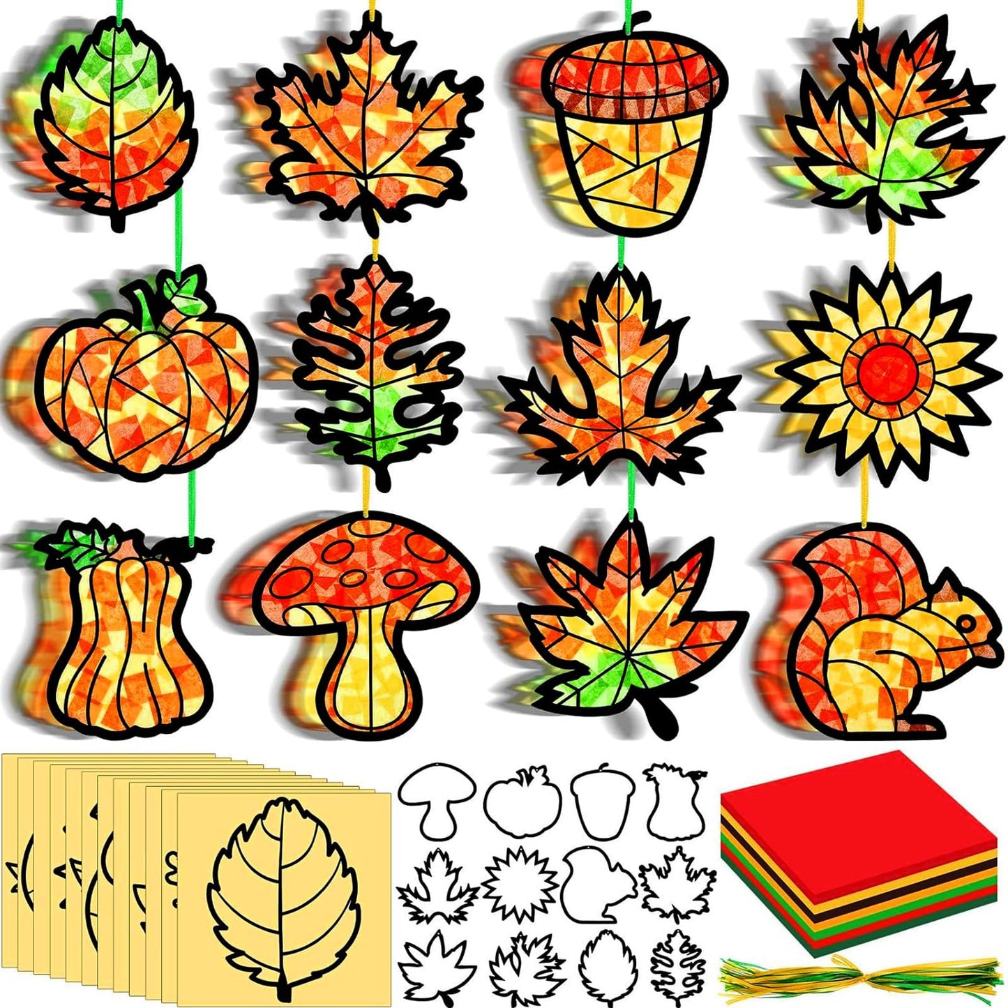 AmazingSpark 36 Set Thanksgiving Harvest Fall Suncatcher Paper Crafts Kit DIY Autumn Leaf Pumpkin Stained Glass Effect Tissue Paper Hanging Suncatchers Decor for Autumn Festival Art Party Supplies