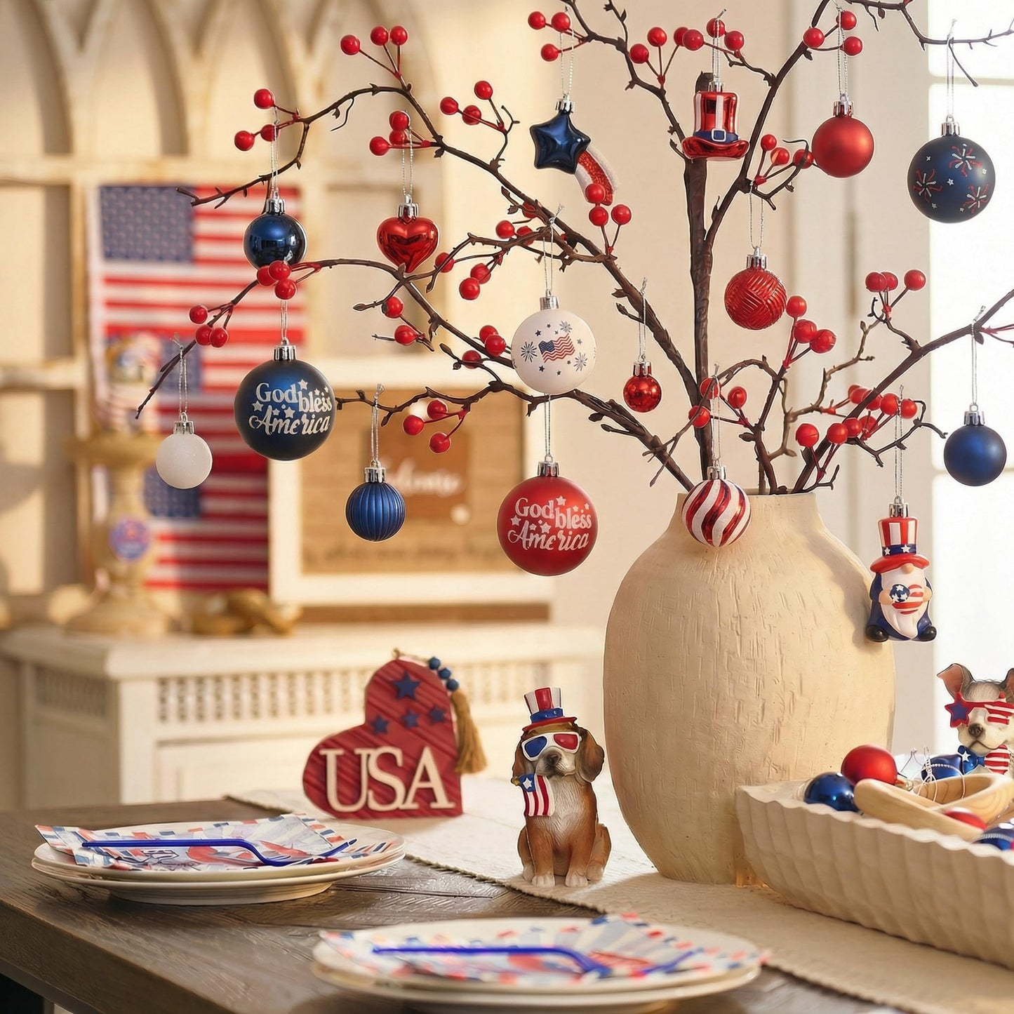 Valery Madelyn 4th of July Tree Decorations for Patriotic Memorial Day Ornaments, 50ct Large Red White Blue Shatterproof Americana Gnome for Independence Day USA 250th Anniversary Hanging Ball Decor