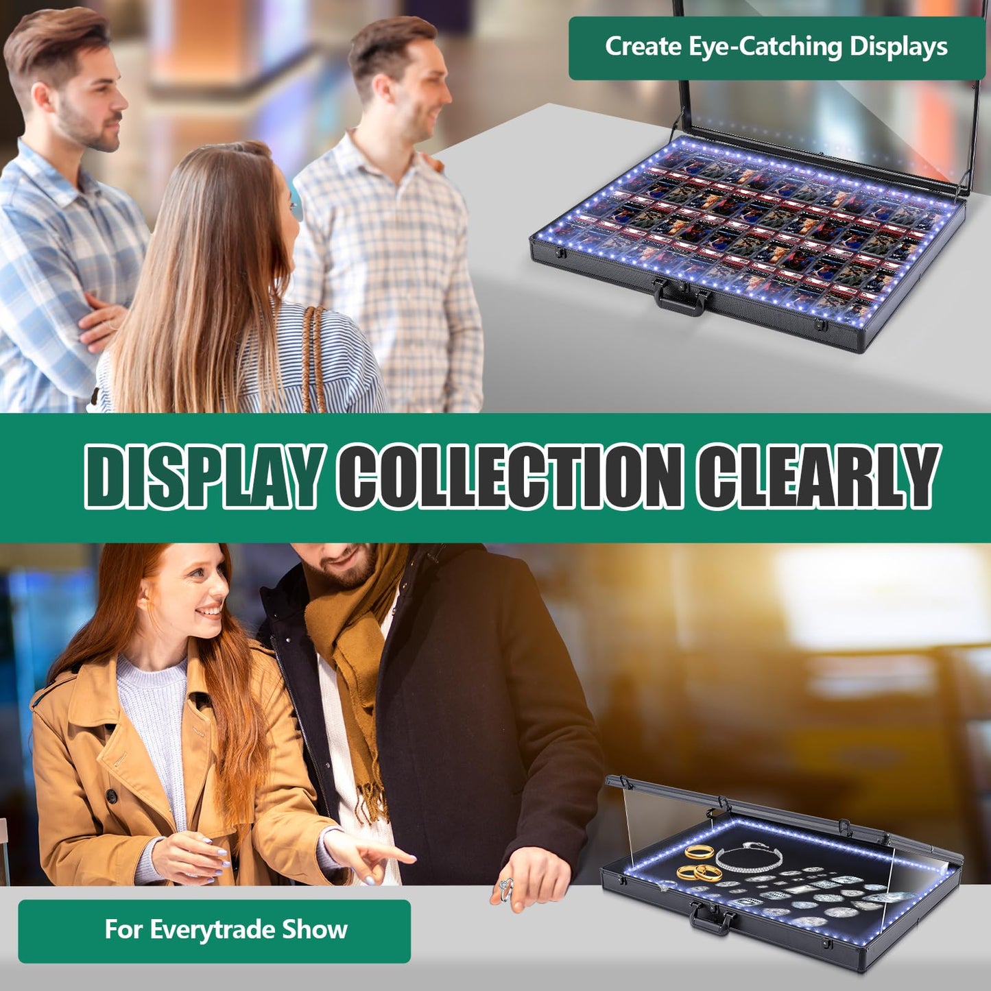 Memorywuu 36"x24" LED Trade Show Display Case Portable Aluminum Sports Card Table Top Display Case Frame Clear Acrylic Showcase Cabinet Box with Lock for Trading Cards Jewelry Collectibles (Black)