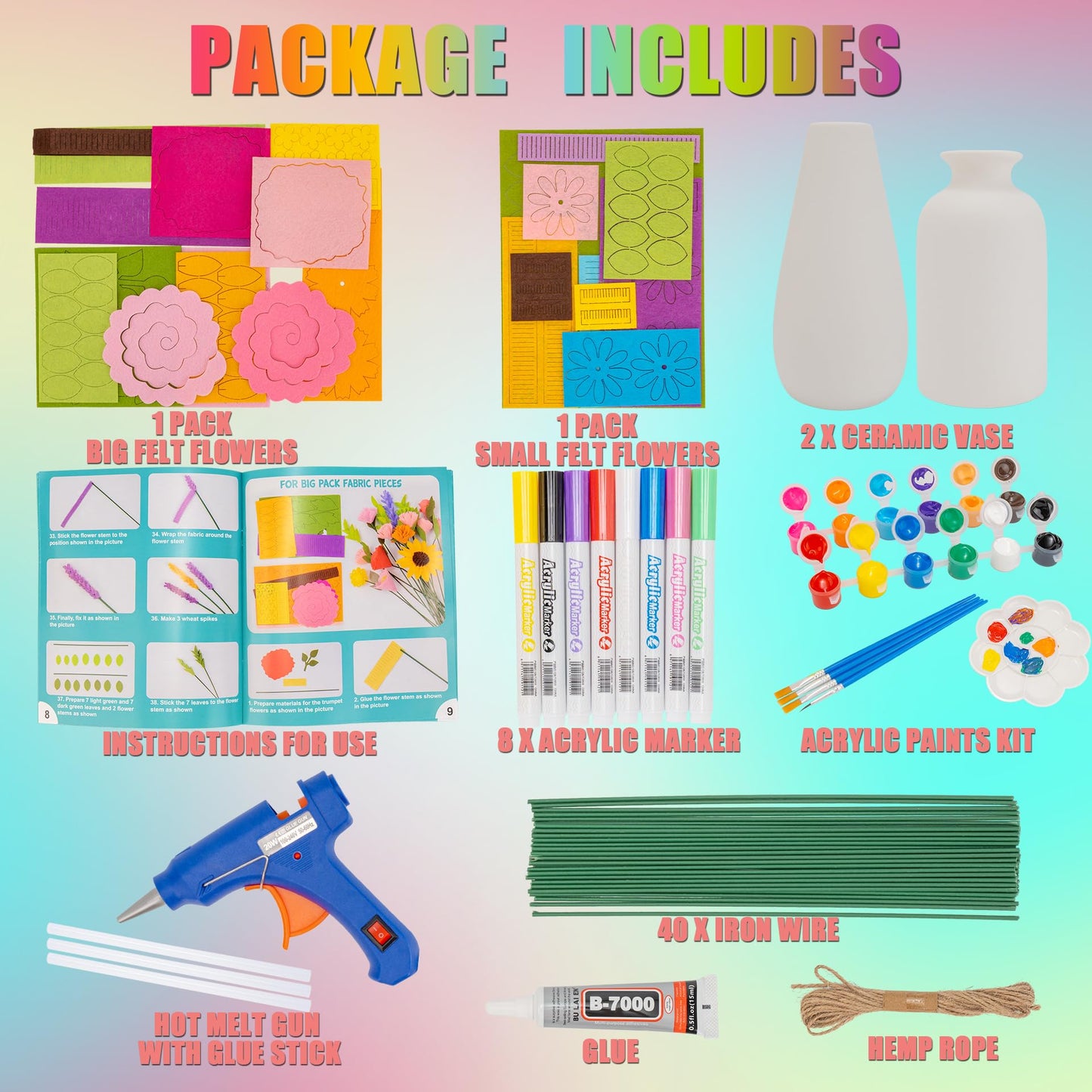 FTBox Crafts Kit for Girls Ages 6-12, Felt Flowers Bouquet and Paint Vase Art Craft Project for Girls, DIY Activity Christmas Birthday Gift for Kids Age 8 9 10 11 12 Year Old (Ceramic Vases)