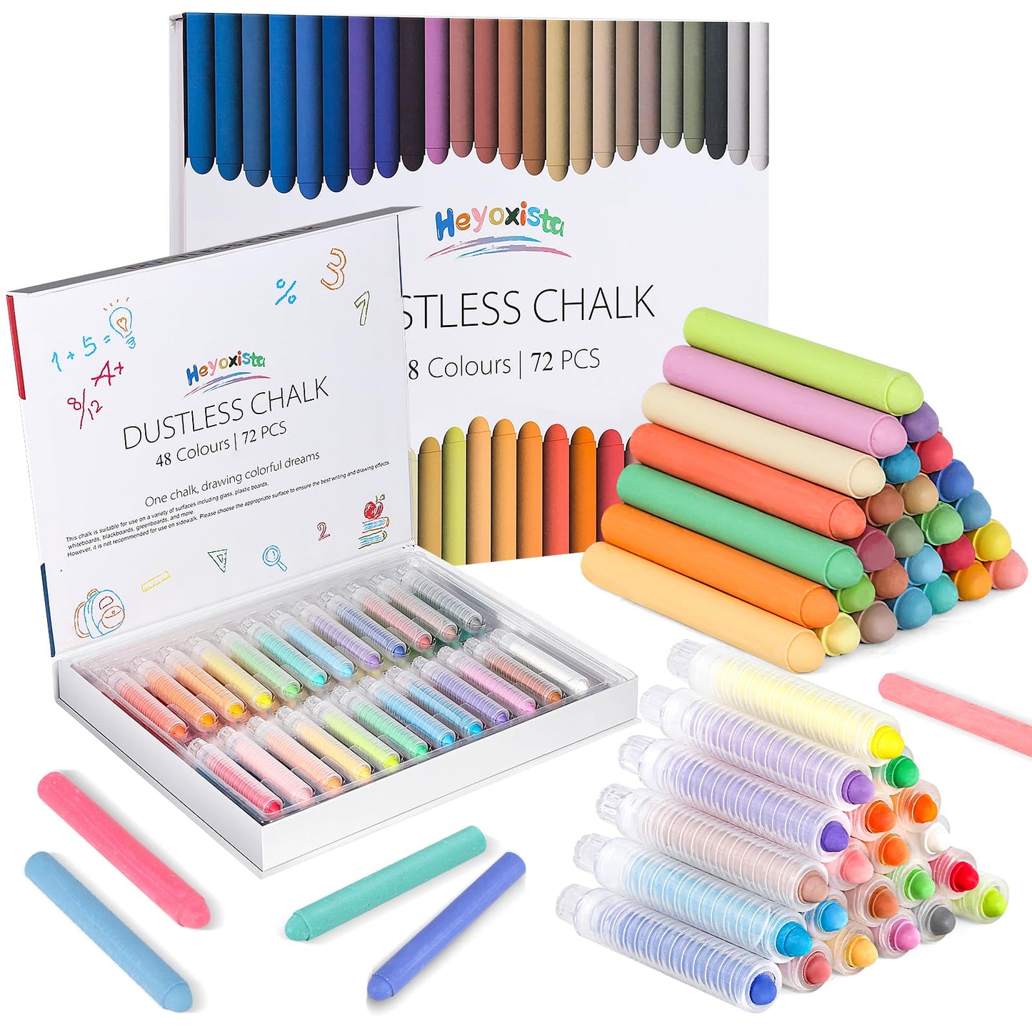 Heyoxista Dustless Wet Erase Chalk Set for Kids - 72 Pcs Vibrant Glass Markers with 24 Finger Grips | Non-Toxic Drawing Kit for Windows, Whiteboards & Smooth Surfaces | Removes Easily with Damp Cloth