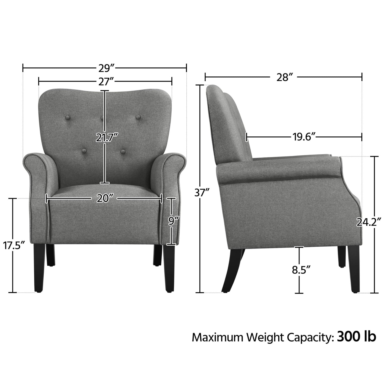 Yaheetech Modern Armchair, Mid Century Accent Chair with Sturdy Wood Legs and High Back for Small Space, Upholstered Fabric Sofa Club Chair for Living Room/Bedroom/Office, Dark Gray
