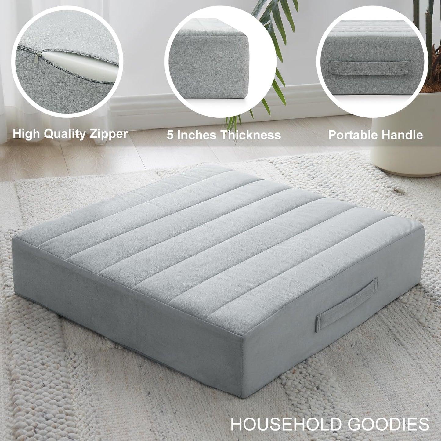 JKMAX 2 Pcs High Density Foam Floor Pillow - Upgraded Large Pillows Seating for Adults - Outdoor Floor Cushion with Soft Tufted Cover - Yoga Pillows for Sitting On Floor - 22 Inch Light Gray