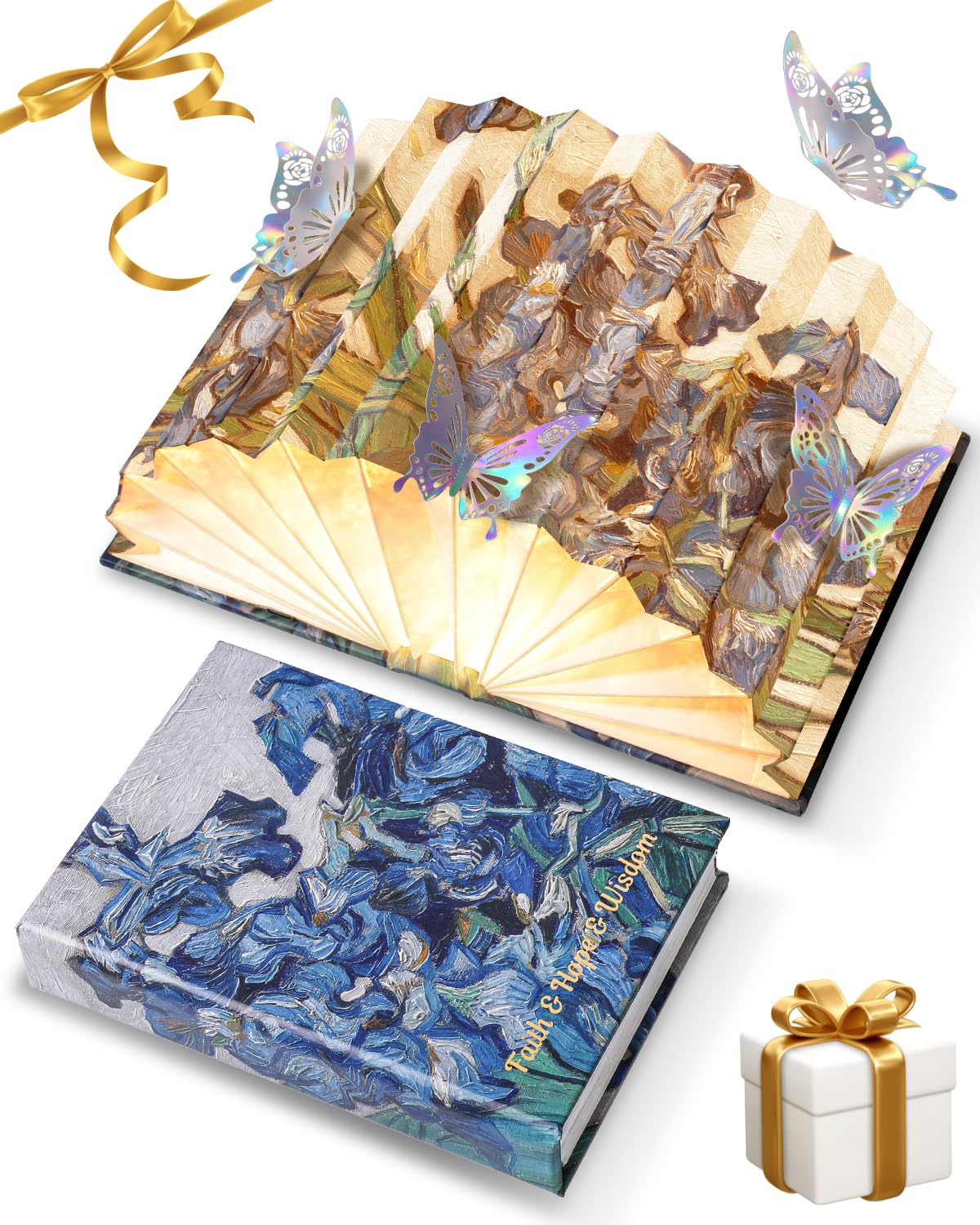 Maerolre Book Shaped Light, Mothers Day Gifts BookLamp for Book Lovers Gifts,Van Gogh Iris Design Foldable Lamp Perfect for Bedside Night Light, Bookshelf Decor, Home Desk, Ideal Gifts for Birthday