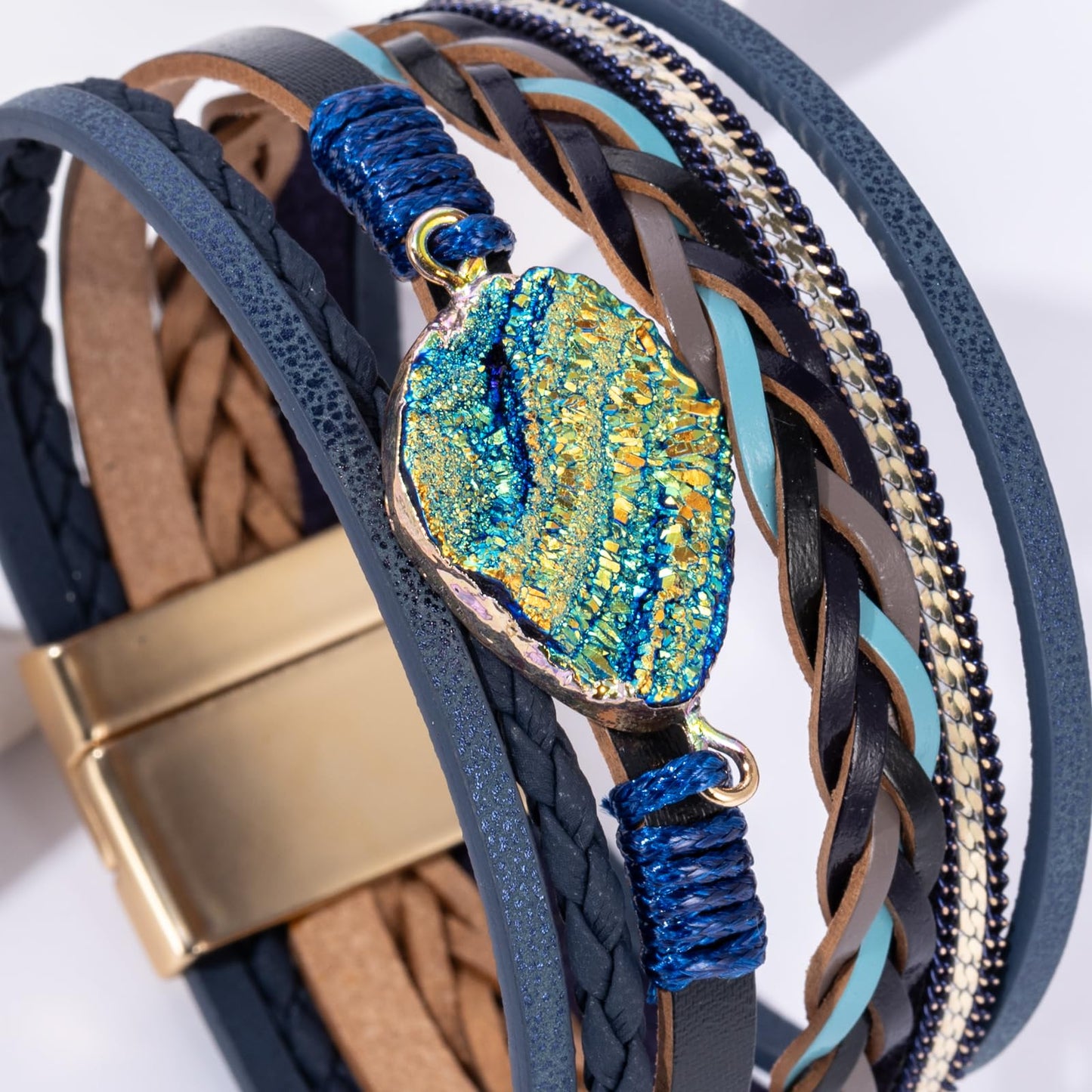 Becklynn Boho Leather Wrap Bracelets Beaded Crystal Stackable Cuff Bracelet with Magnetic Clasp Cowboy Cowgirl County Concert Outfits Western Jewelry Gifts for Women(Stone Navy Blue)