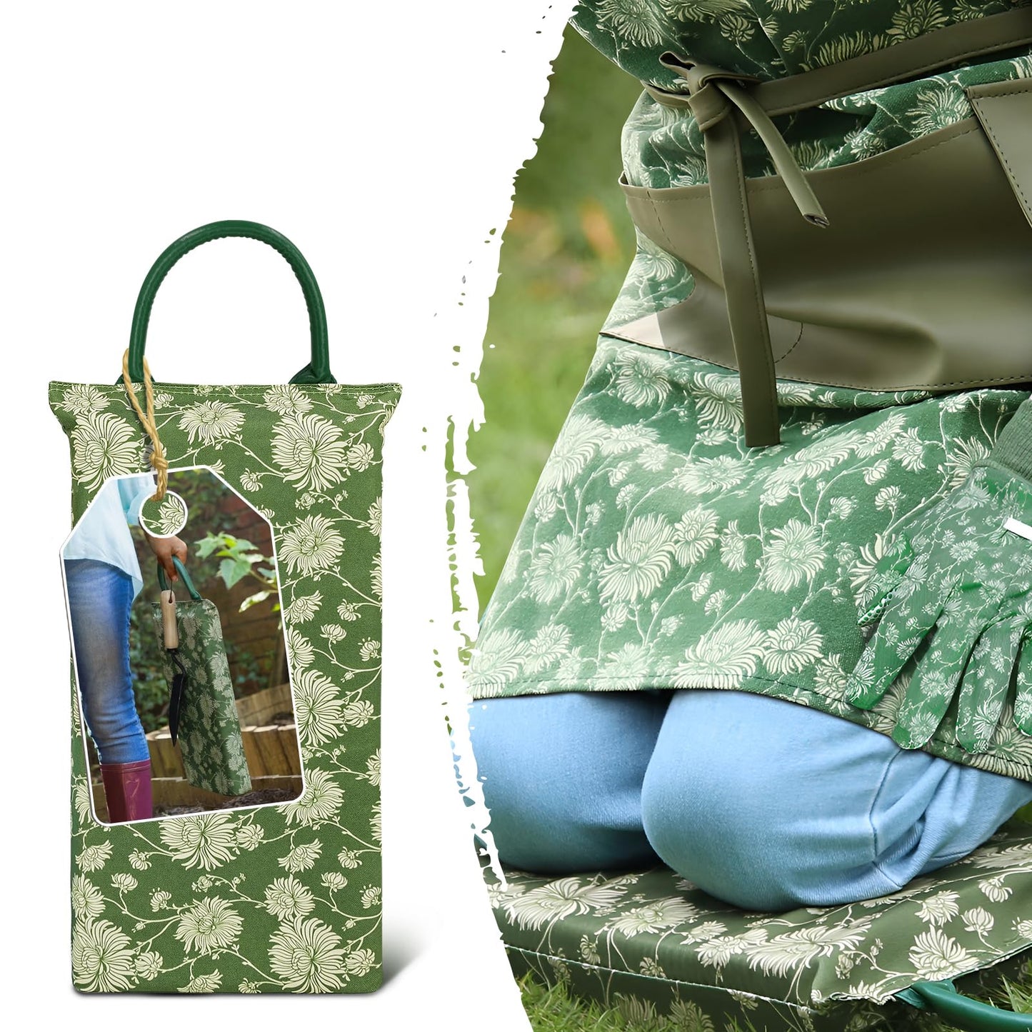 Colwelt Gardening Foam Kneeling Pad Set, Gardening Gifts for Women Gardeners, Elegant Pattern Garden Knee Pad Set, Charming Garden Supplies(Extra Thick Kneeling Mat, Garden Apron with pockets)