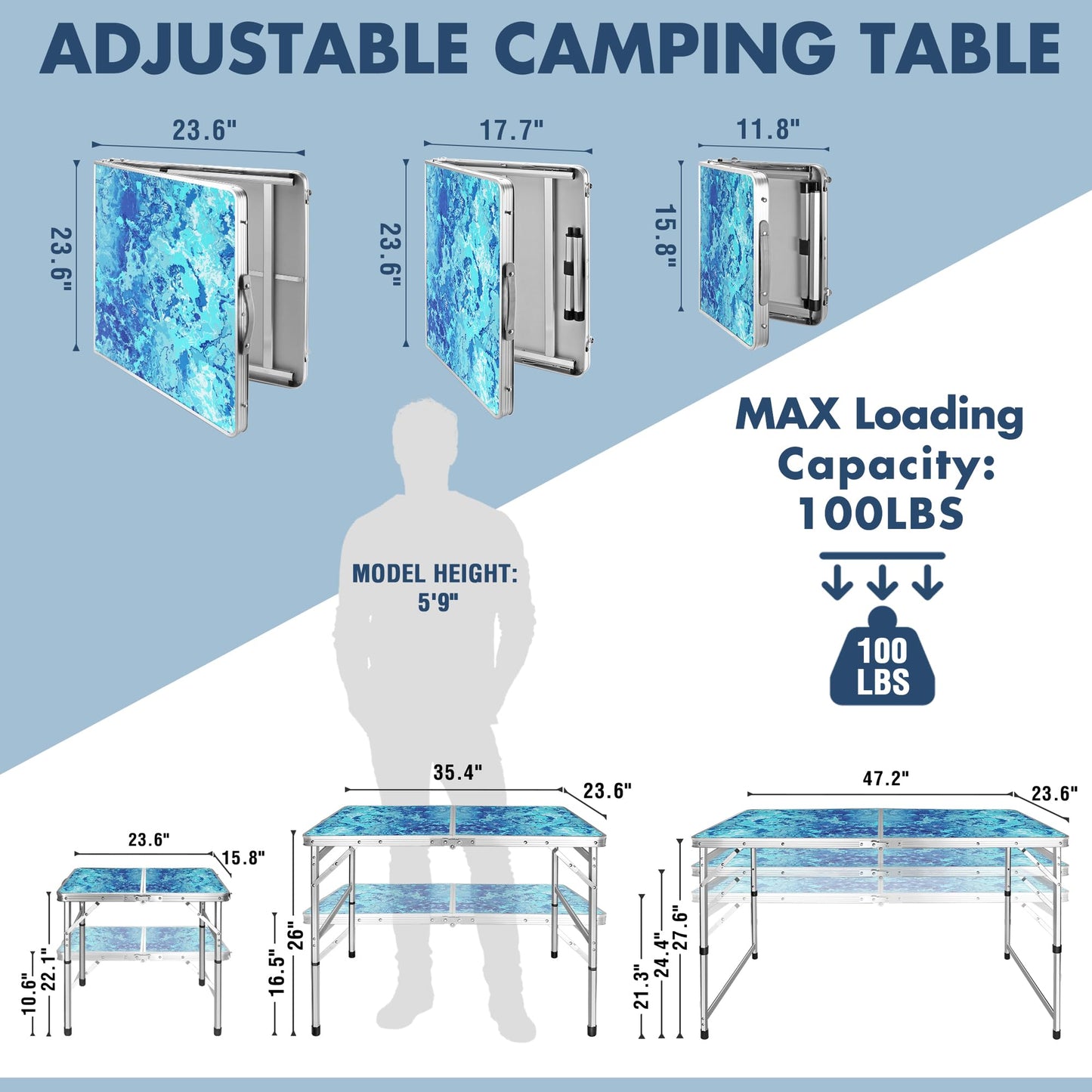 VILLEY Folding Camping Table 3FT, Adjustable Height Portable Aluminum Table with Handle, Lightweight Foldable Table for Outdoor Picnic BBQ Travel Camping Indoor Use