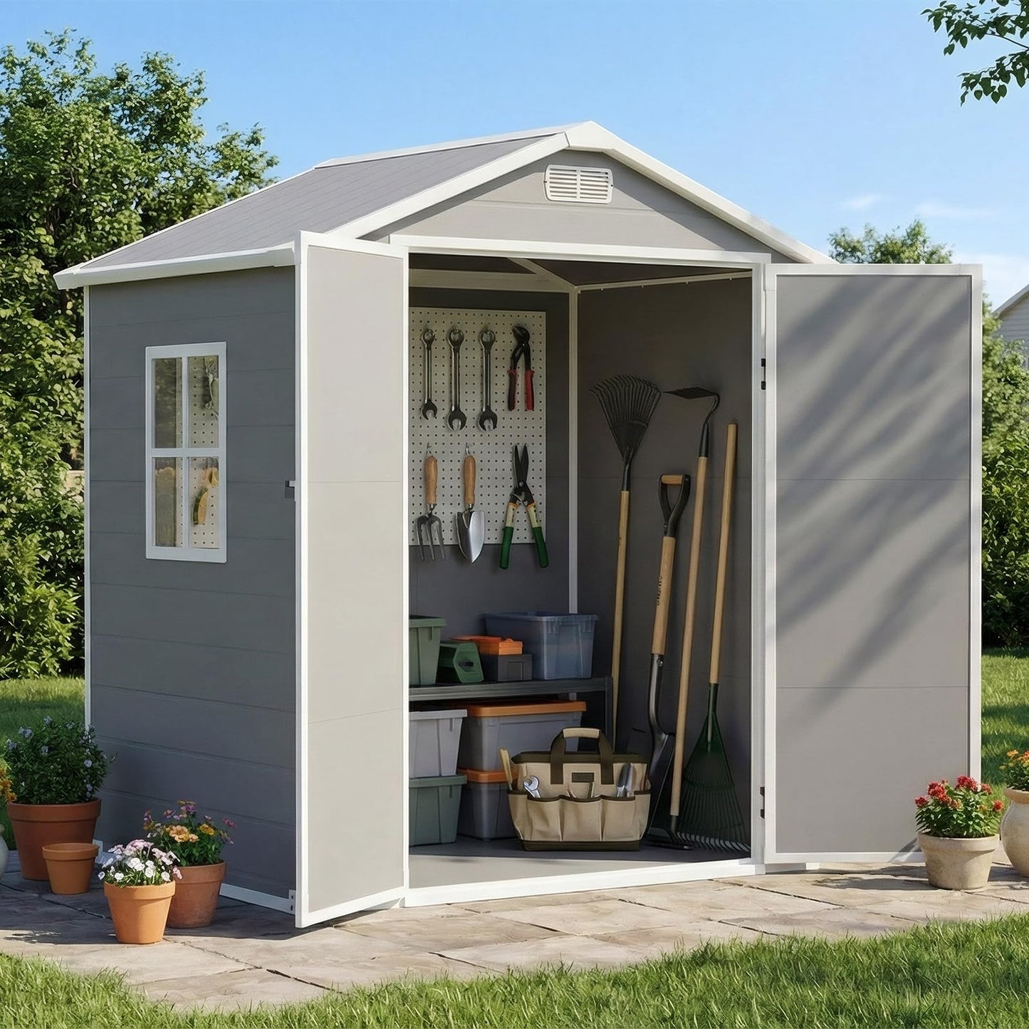 LARBANKE 6×4FT Outdoor Storage Shed with Floor and Slop Roof,Waterproof Garden Storage Shed with Lockable Door&Window,Resin Shed with Ramp&Vent Suitable for Patio,Backyard,Garden,Lawn,Gray