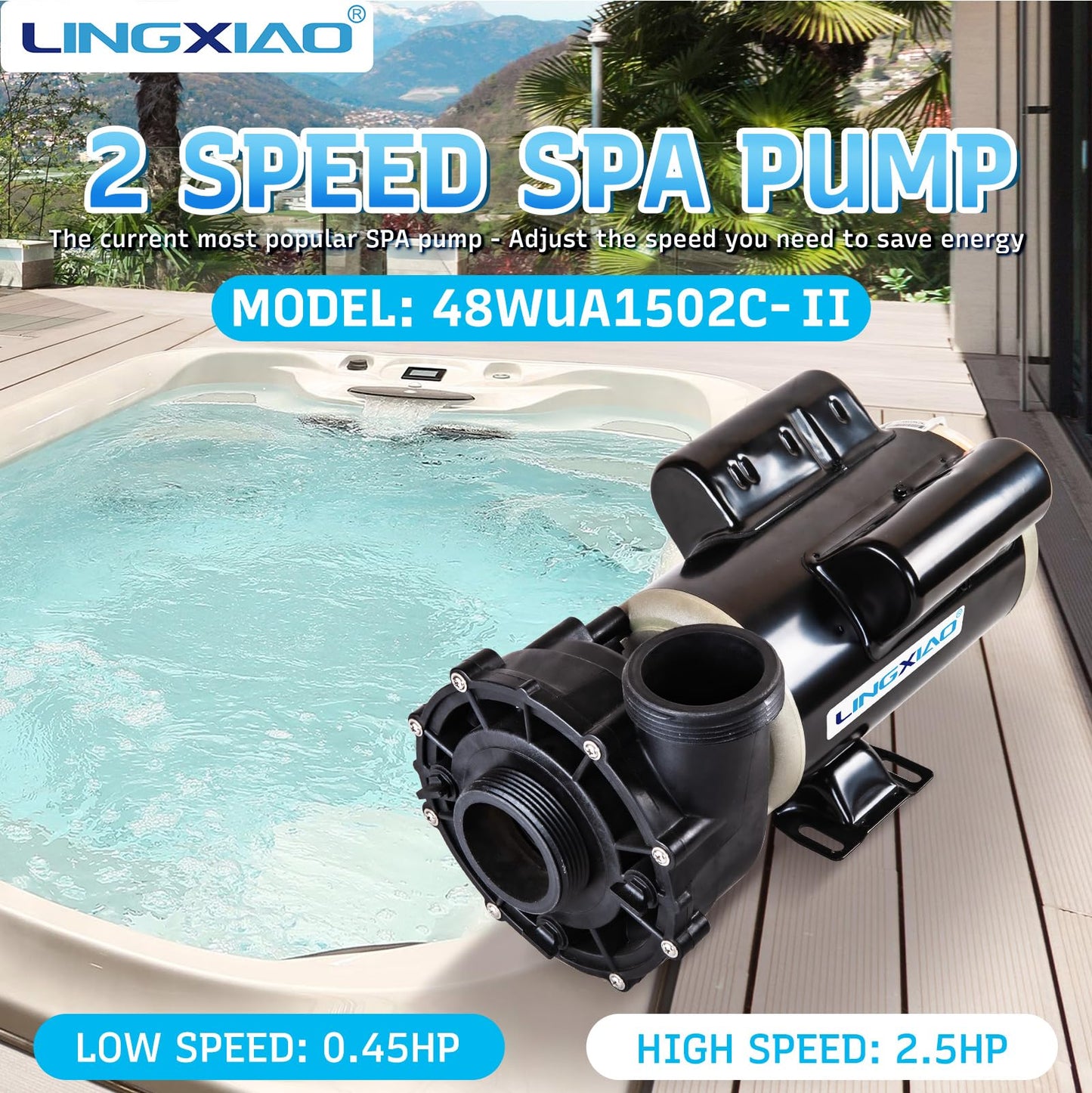 LINGXIAO SPA Pump, 2.5HP Hot Tub Pump - 48 Frame(Y) LX SPA Motor 2 Speed, 230V, 2" Port - (Model: 48WUA1502C-II)
