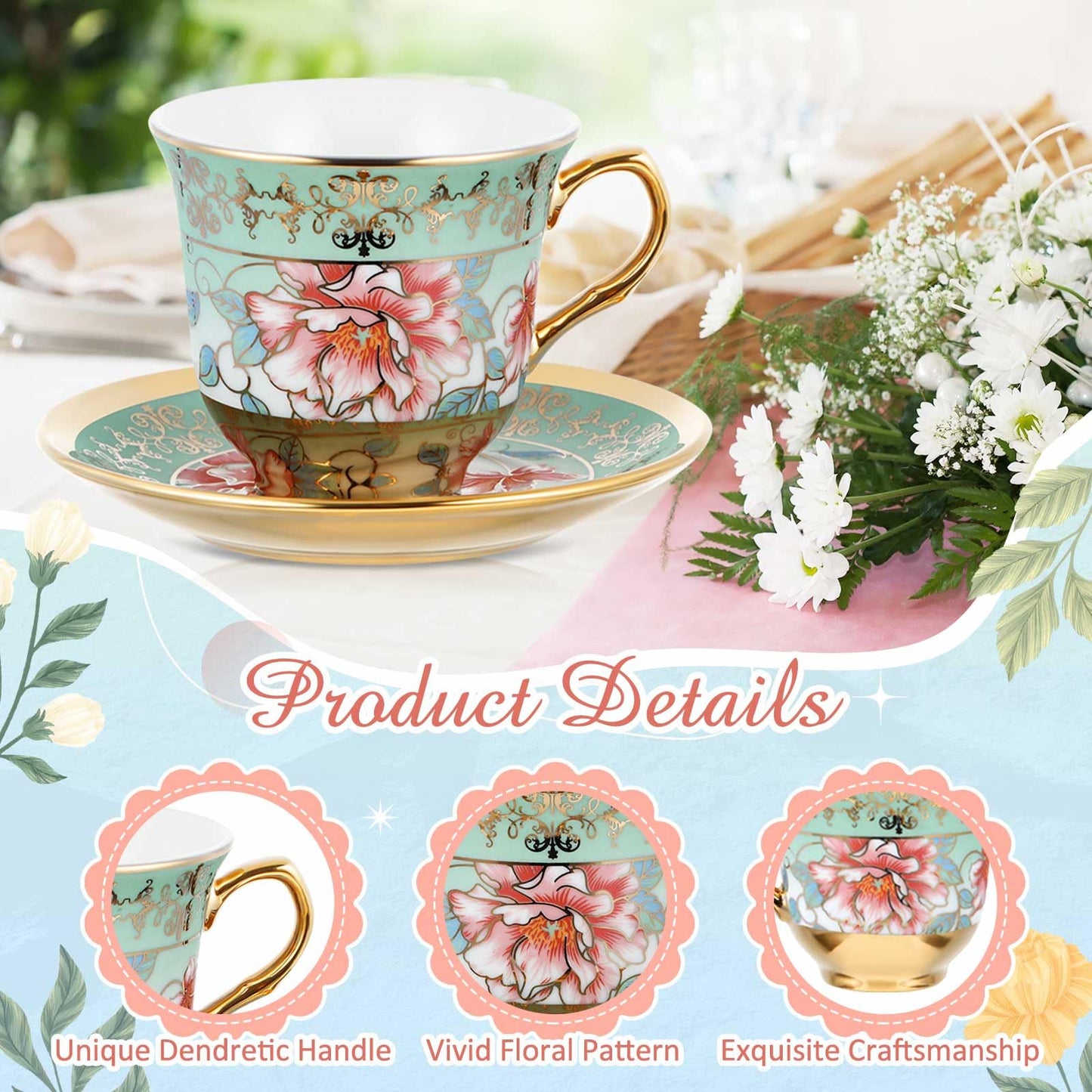 Teenyyou Set of 12 Tea Cups and Saucers Tea Party Decorations Floral Porcelain 7.4 oz British Gift for Women Birthday Party, Church, and Mother's Day (Stylish Style)