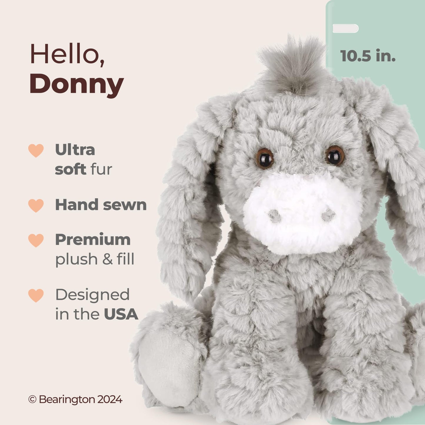 Bearington Donny Plush Donkey Stuffed Animal - 10.5" Soft Gray Donkey Toy with Scruffy Fur and Weighted Body - Adorable Cuddly Farm Animal Plush Gift for Kids, Toddlers, Babies, and Donkey Lovers